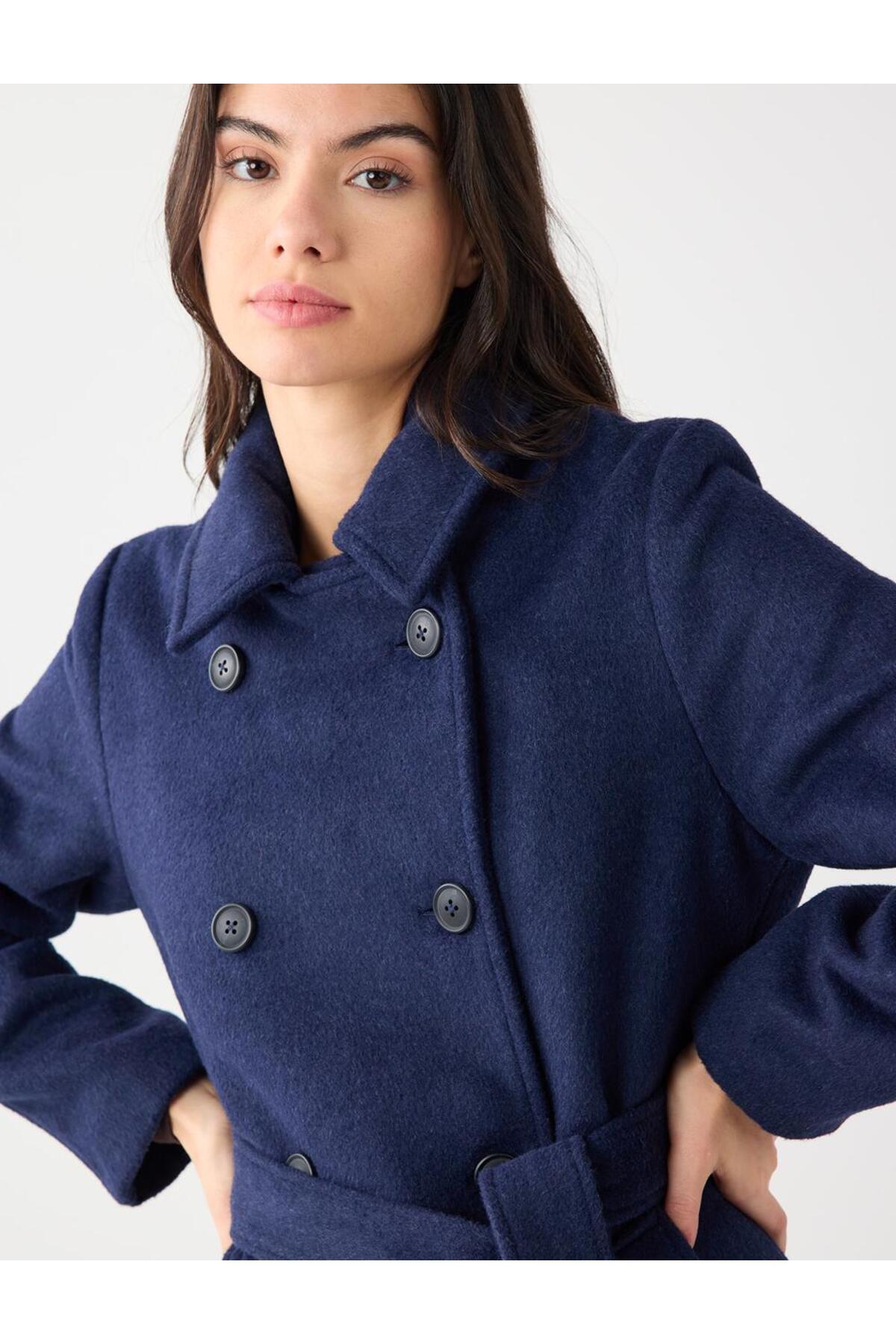 Jimmy Key  Lacivert Kruvaze Yaka Kemer Detaylı Kaşe Kaban - Görsel 6