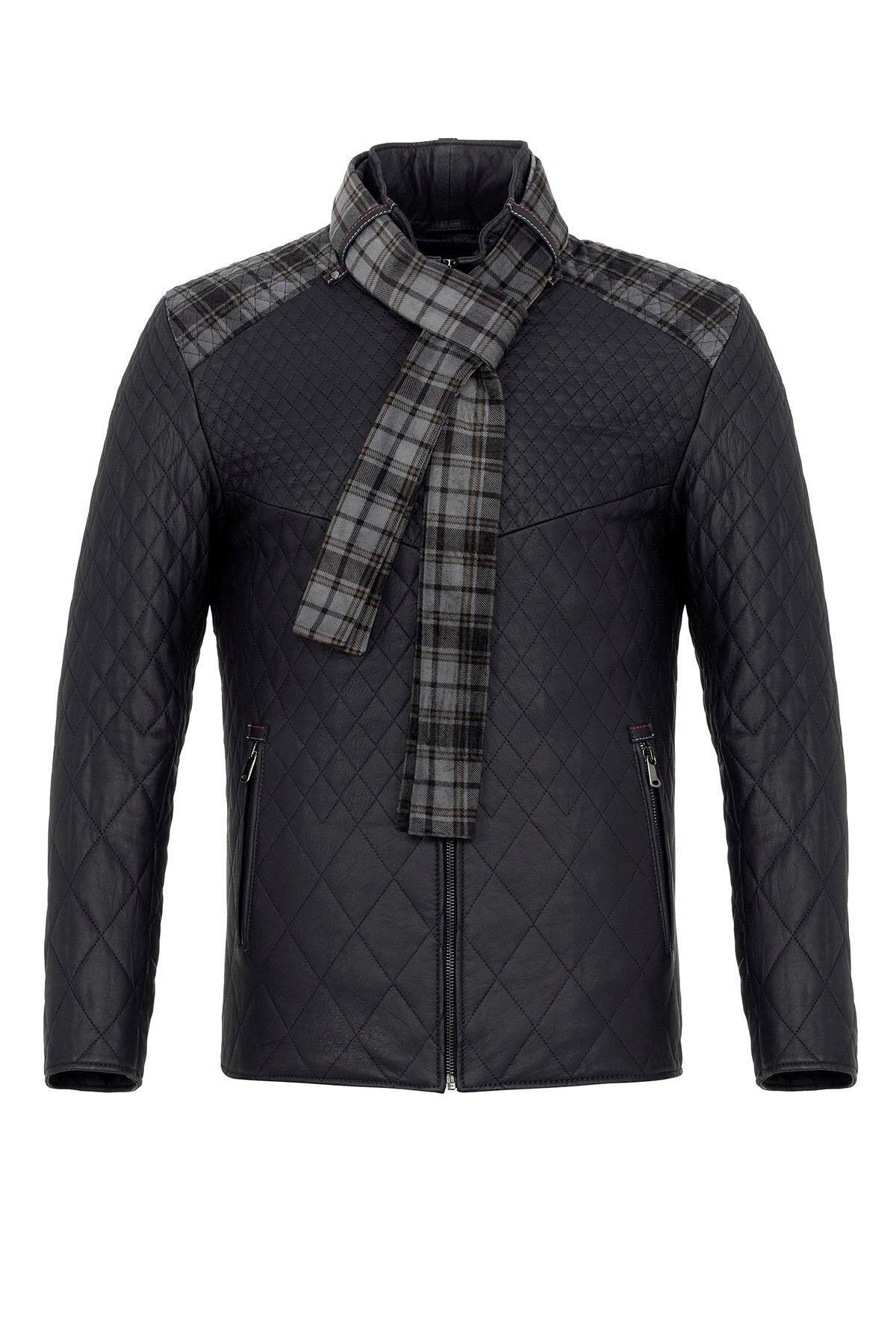 Deriderim  Lacivert Steven Erkek Şallı Kapitone Hakiki Deri Mont - Görsel 6