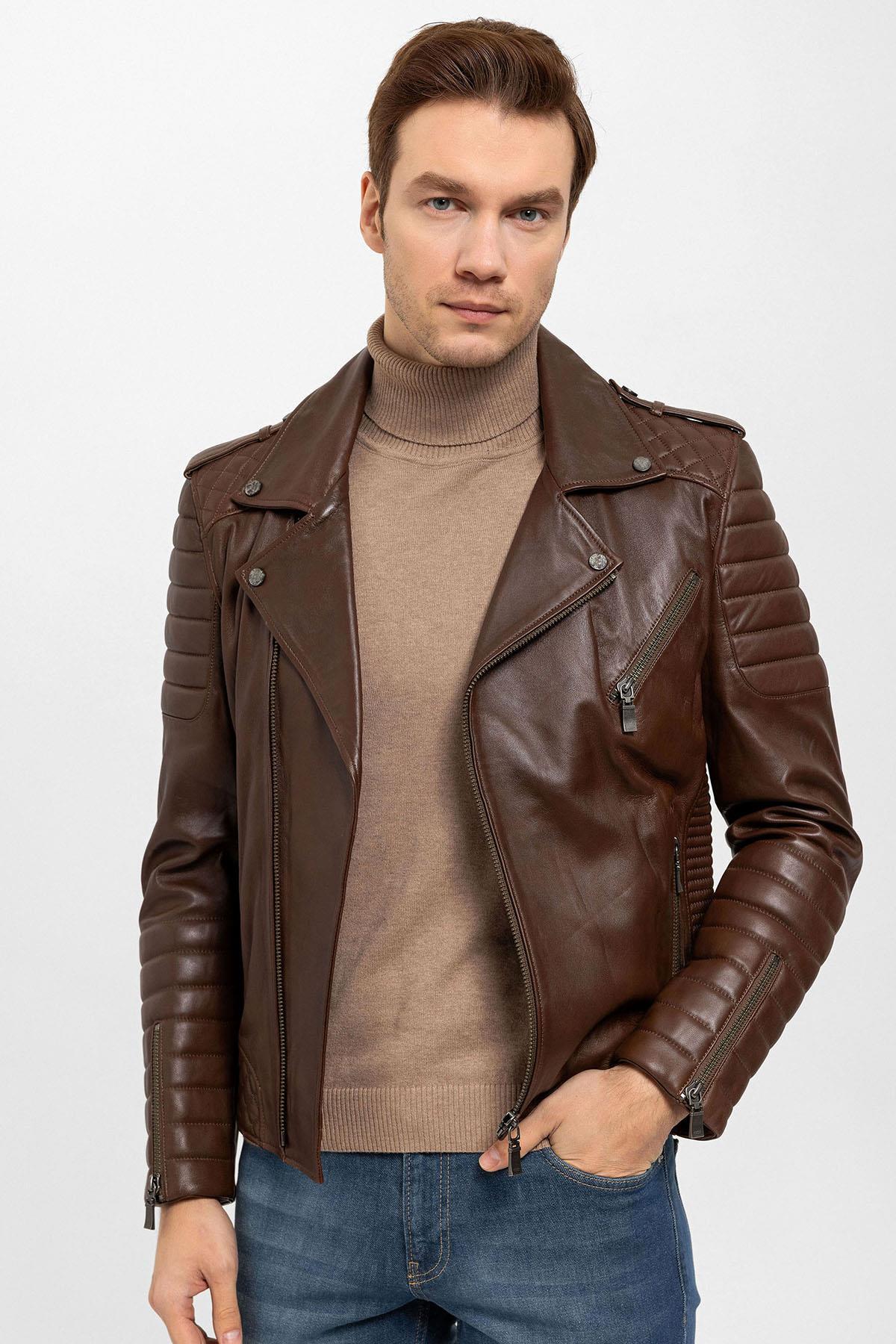 Luc Cognac Biker Men's Genuine Leather Coat