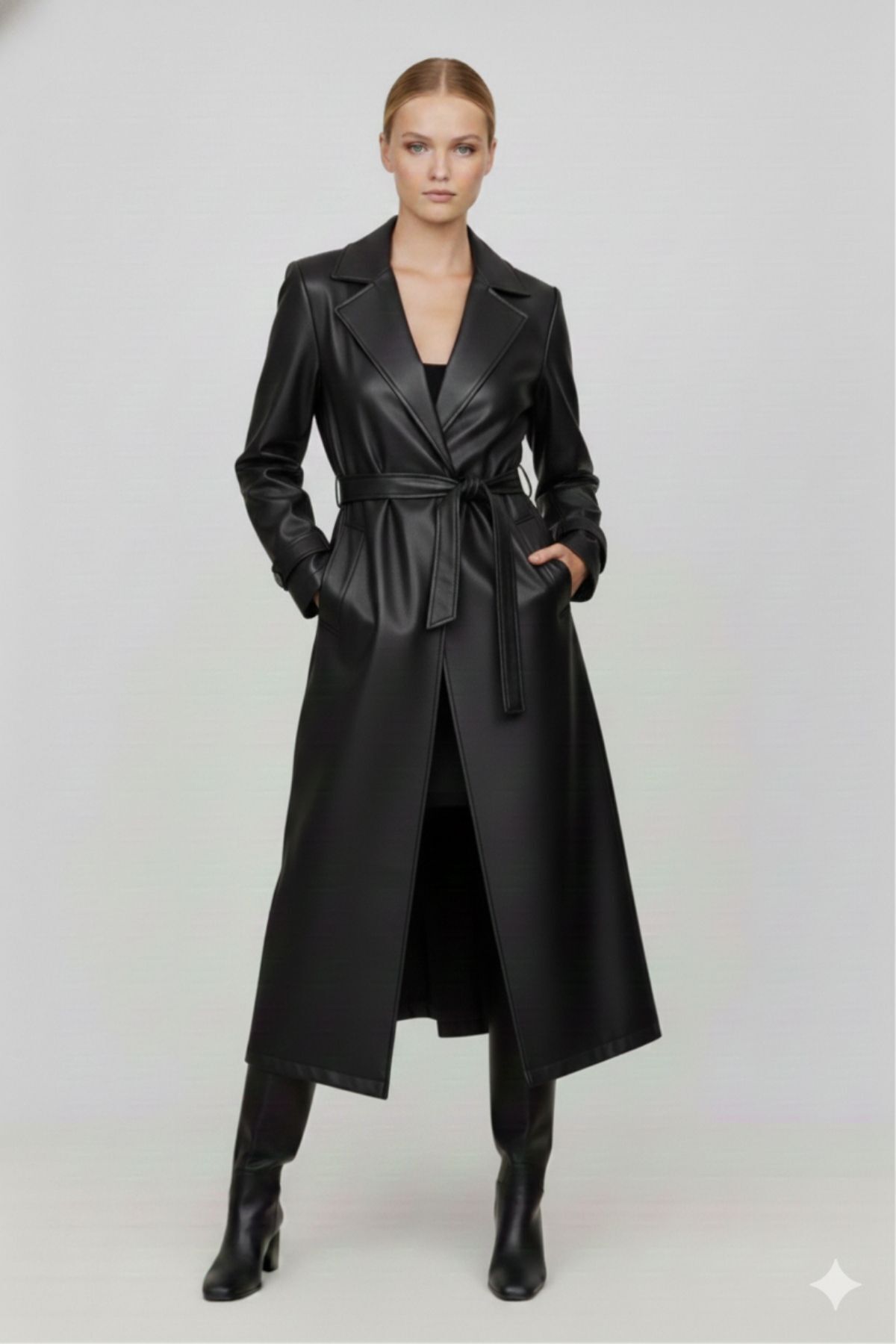 diaves Kadın Siyah Astarlı Beli Kuşaklı Apoletli Suni Deri Trençkot Pardüsü