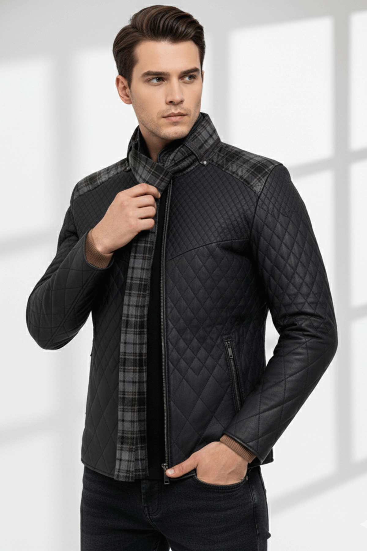 Deriderim  Lacivert Steven Erkek Şallı Kapitone Hakiki Deri Mont - Görsel 2