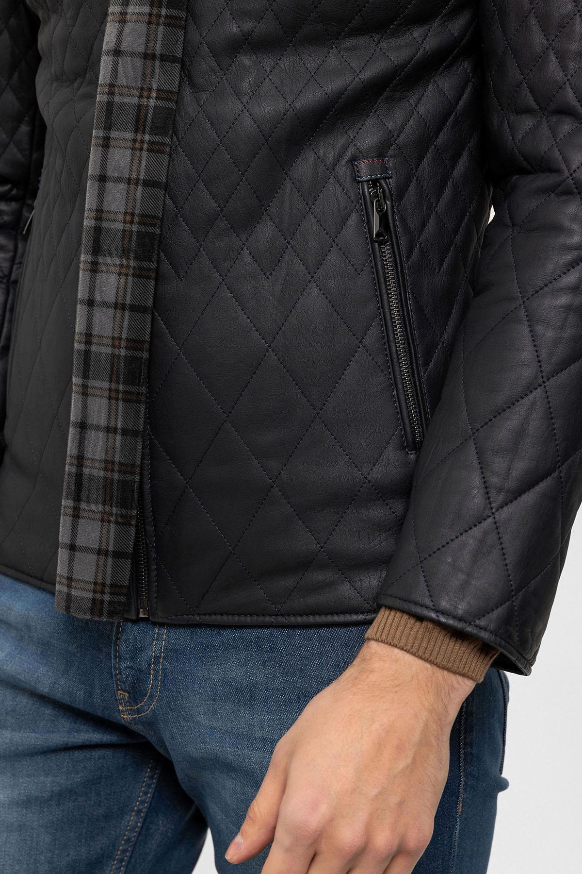 Deriderim  Lacivert Steven Erkek Şallı Kapitone Hakiki Deri Mont - Görsel 5