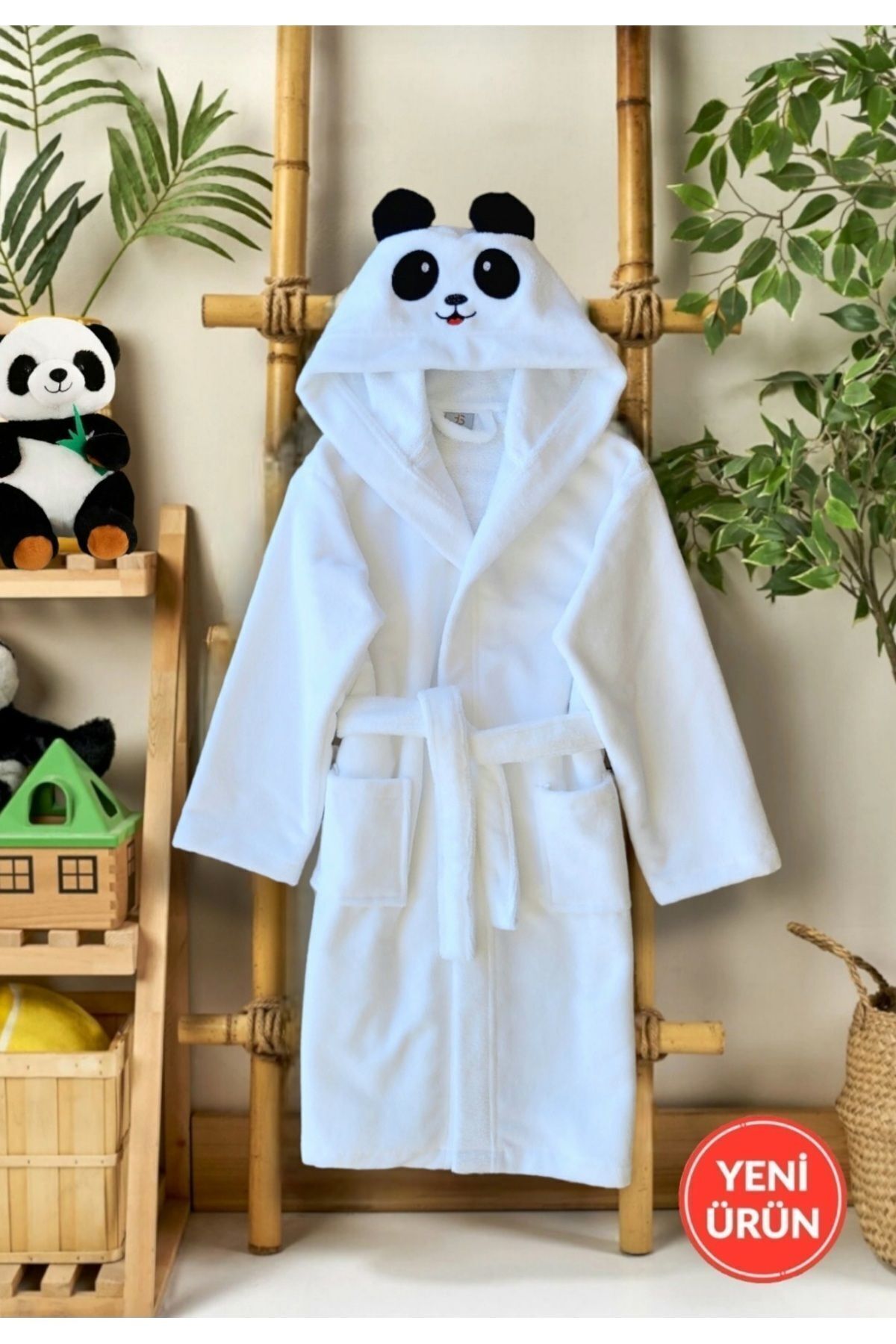PAMUK HANIM Kapşonlu Pamuklu Havlu Yumuşacık Kız-erkek Çocuk Bornozu Beyaz / Panda fotoğrafı 3 (önizleme)