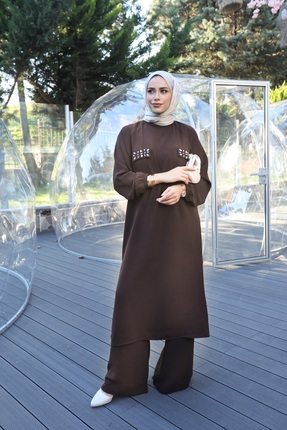 BURİSLA TESETTÜR PARİSYA TAŞLI İKİLİ TAKIM KAHVERENGİ