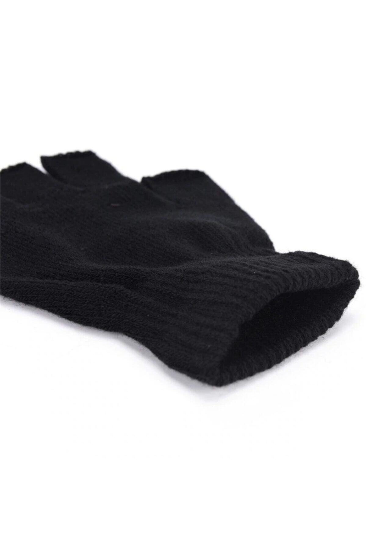 PAKER GİYİM Siyah Unisex Parmaksız Kesik Yarım Parmak Kışlık Örme Triko Eldiven görsel 2