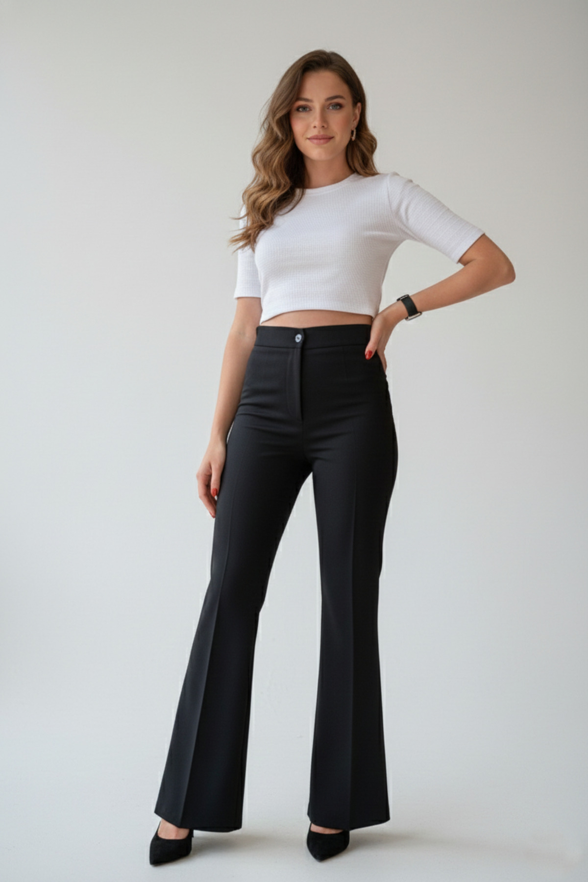 Hamiyet Doğan Black High Waist Zippered Flared Trousers- Trendyol