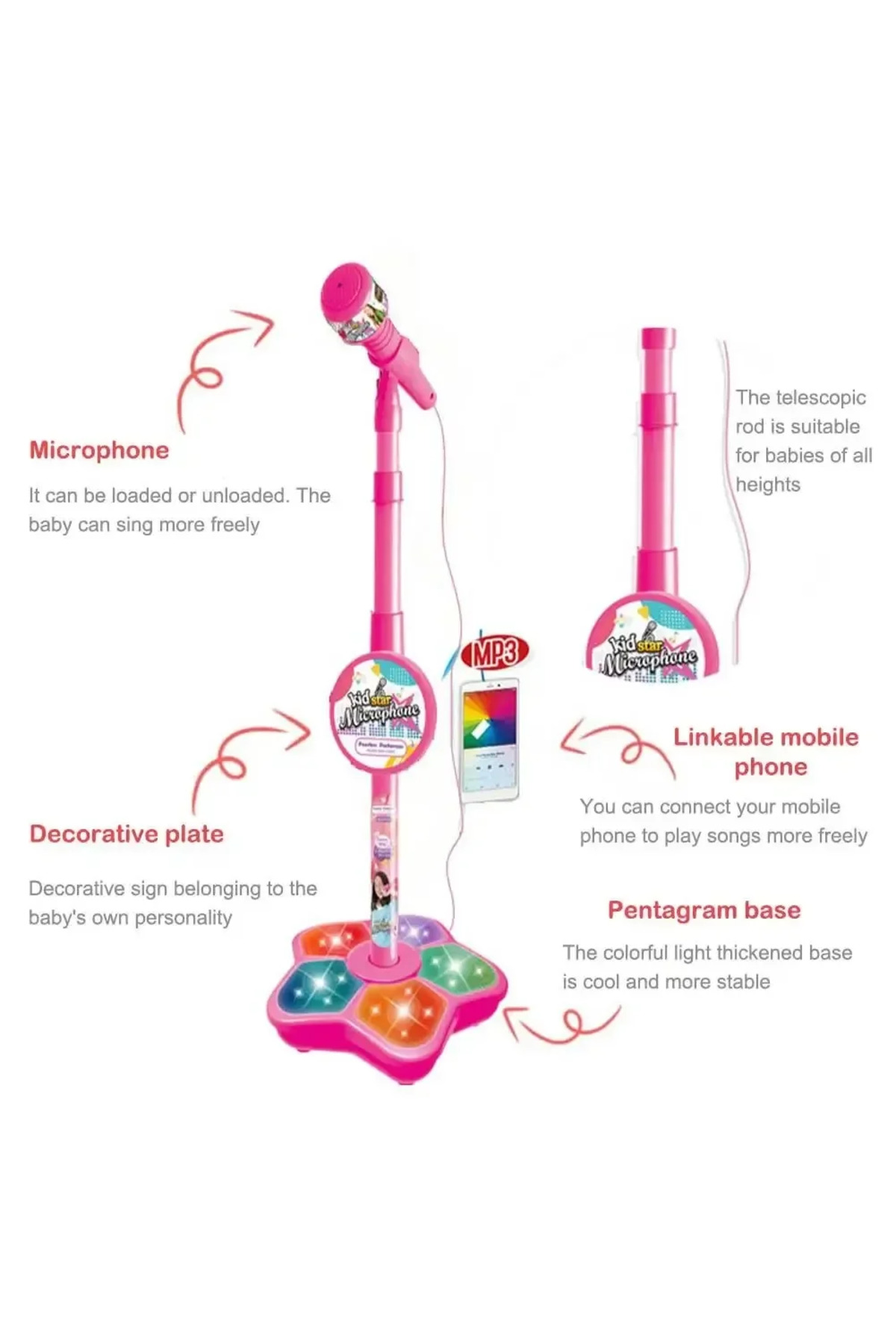 بازی میکروفون استند صورتی بچگانه، کارائوکه الکترونیکی قابل حمل کودکان، میکروفون کارائوکه مهمانی بادوام