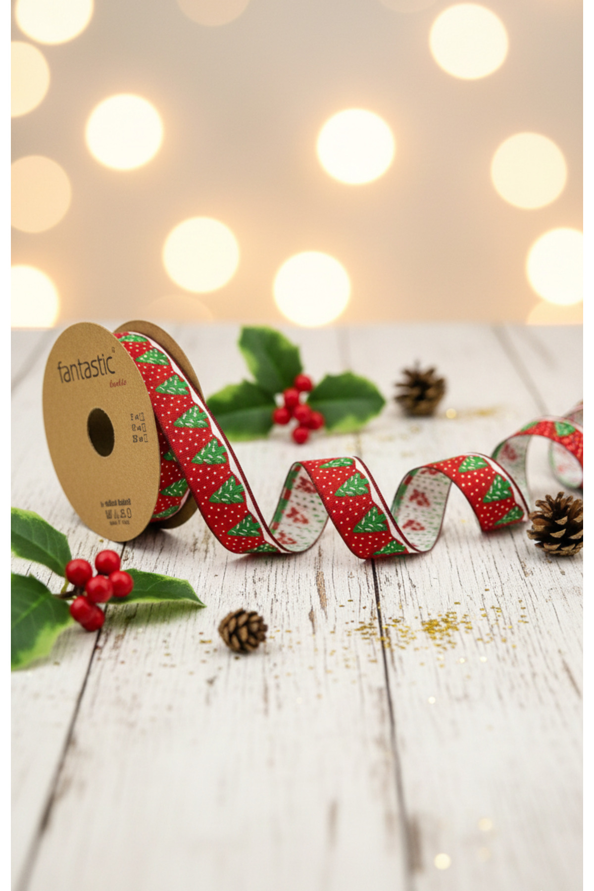 Woven Christmas Ribbon Pine Tree Polka Dot | Gift Ornament & Decor 10 MT Roll 2.2cm Width