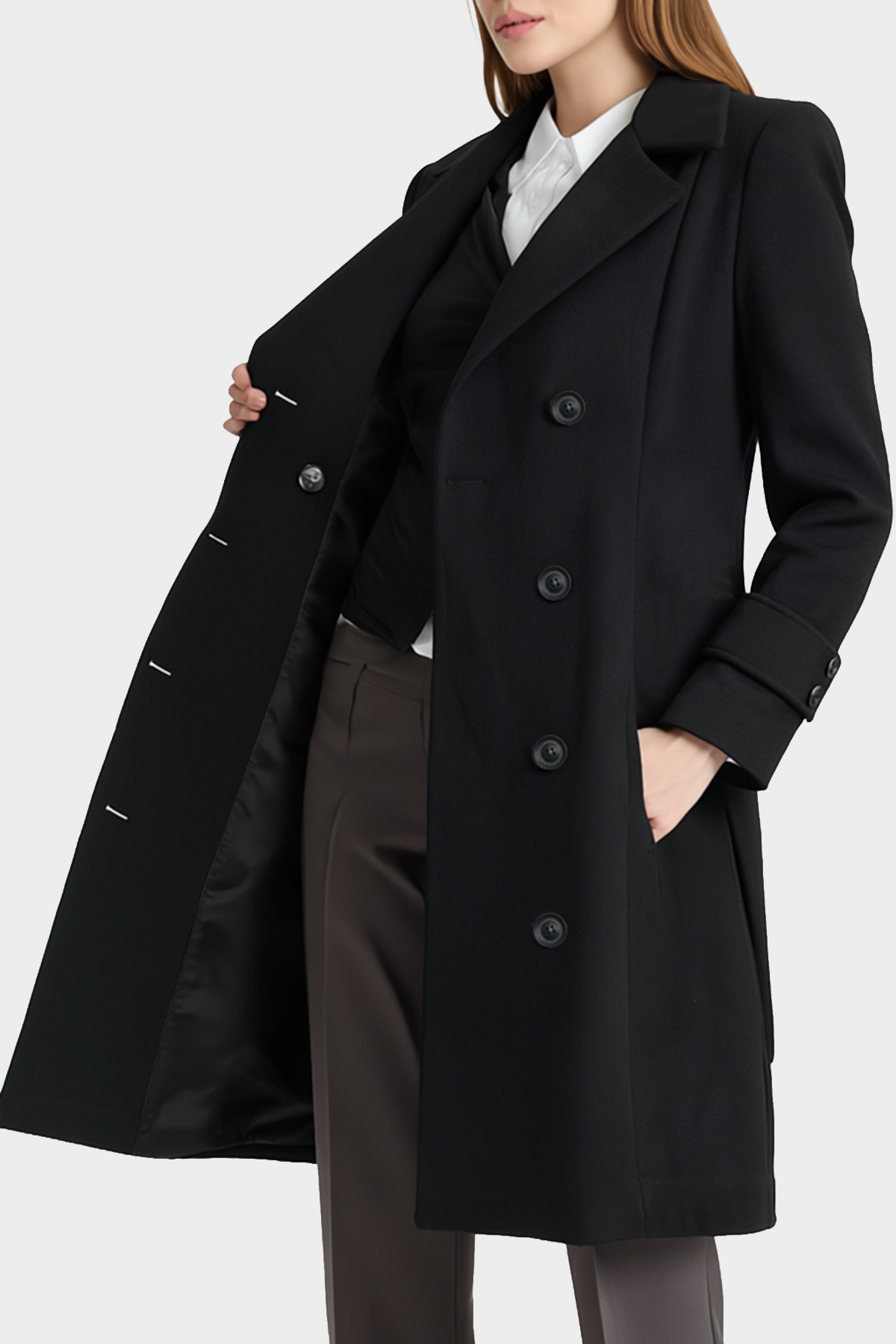 Soydan Güner  Kadın Kruvaze Kuşaklı Kulplu Kesim Kaban Siyah 6610 - Görsel 4