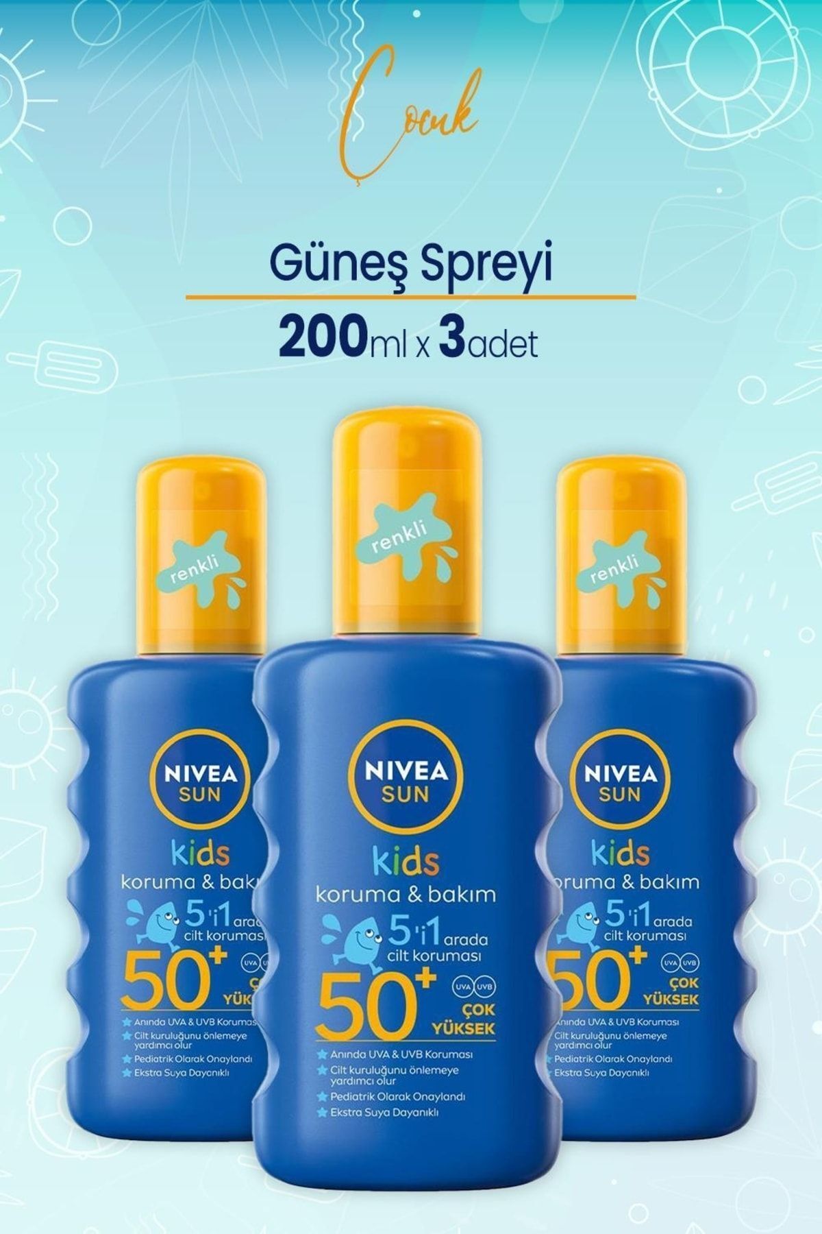 NIVEA SUN KİDS CARİNG ÇOCUK GÜNEŞ SPREYİ 50+ 200ML 3 ADET — dvc-5010998
