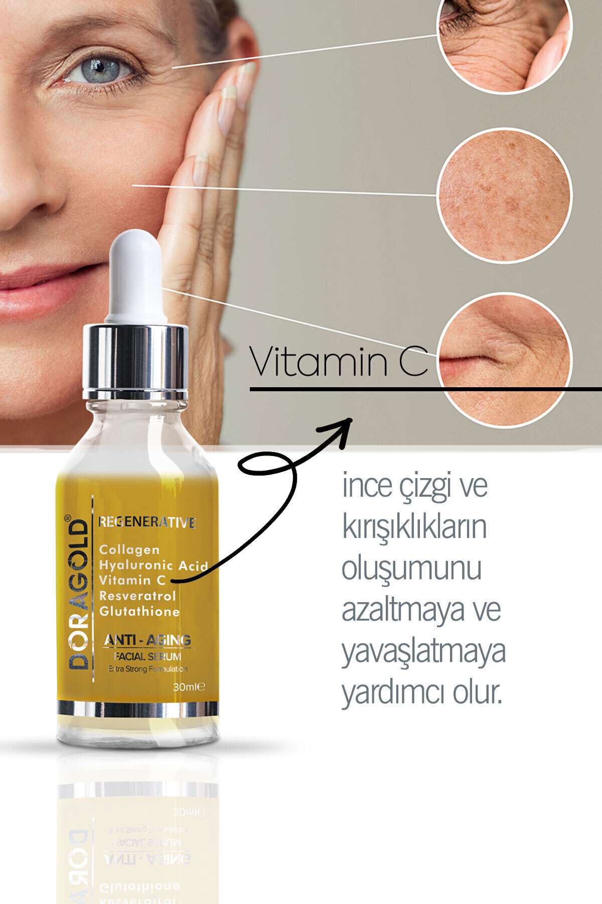 Yaşlanma Kırışıklık Leke Karşıtı Resveratrol Glutatyon C Vitamini Hyalüronik Asit Kolajen Serum 30ml — DG-S411 — تصویر 6 از 8