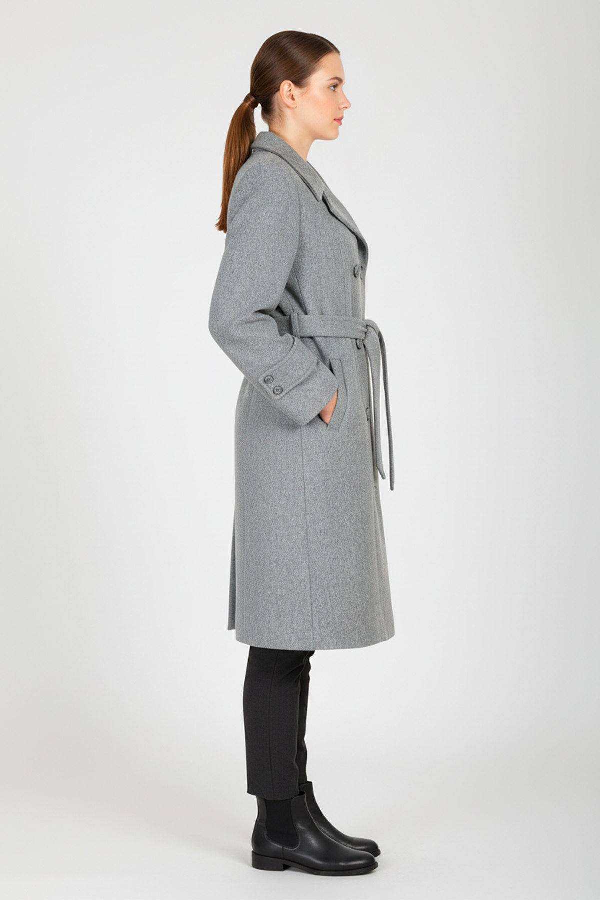 Soydan Güner  Kruvaze Kuşaklı Kulplu Kesim Kaban Koyu Gri 6610 - Görsel 4