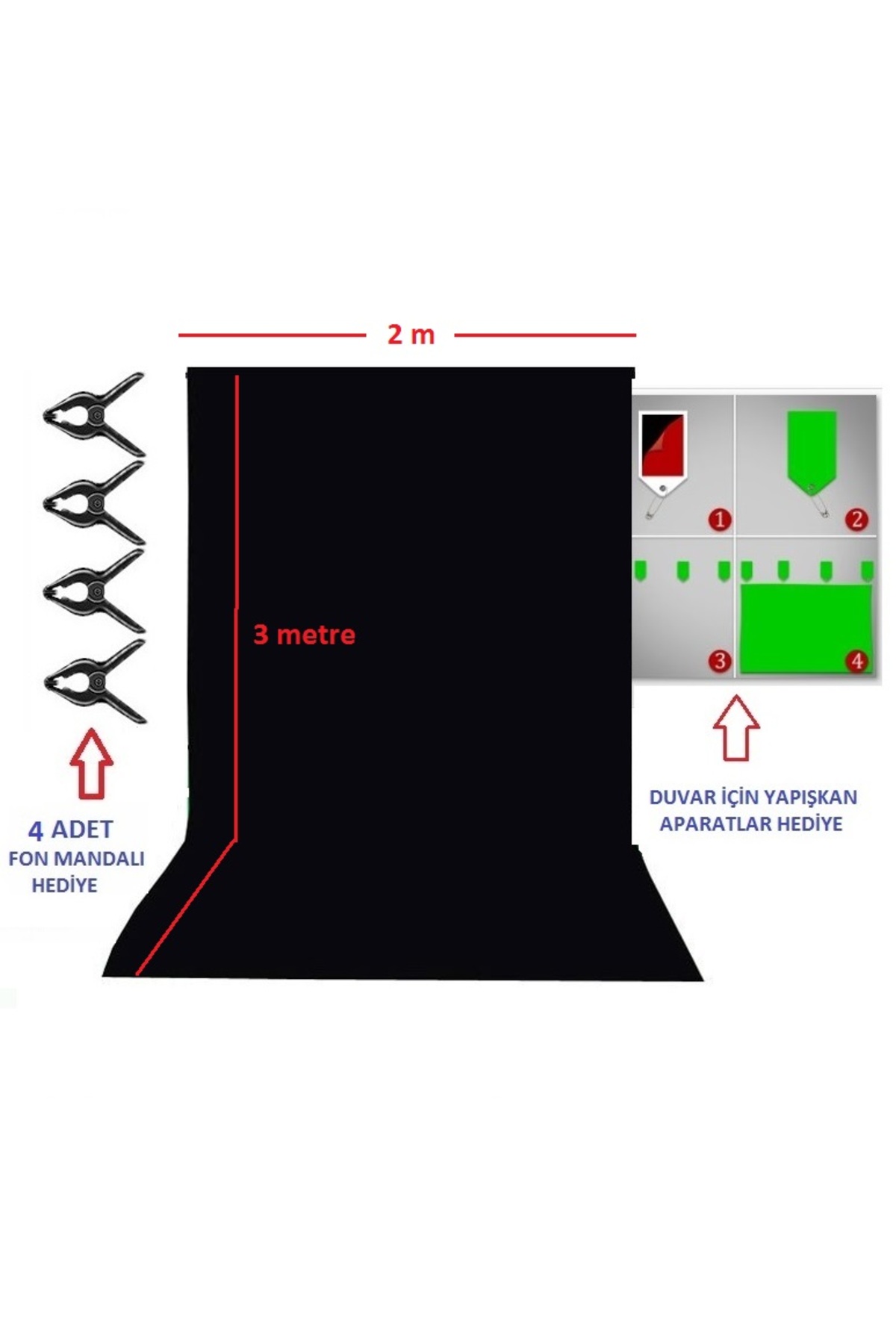 Black Screen-siyah Fon Perde (2x3m)- % 100 Pamuk- Duvara Asmak Için Yapışkanlı Aparatlar Hediye