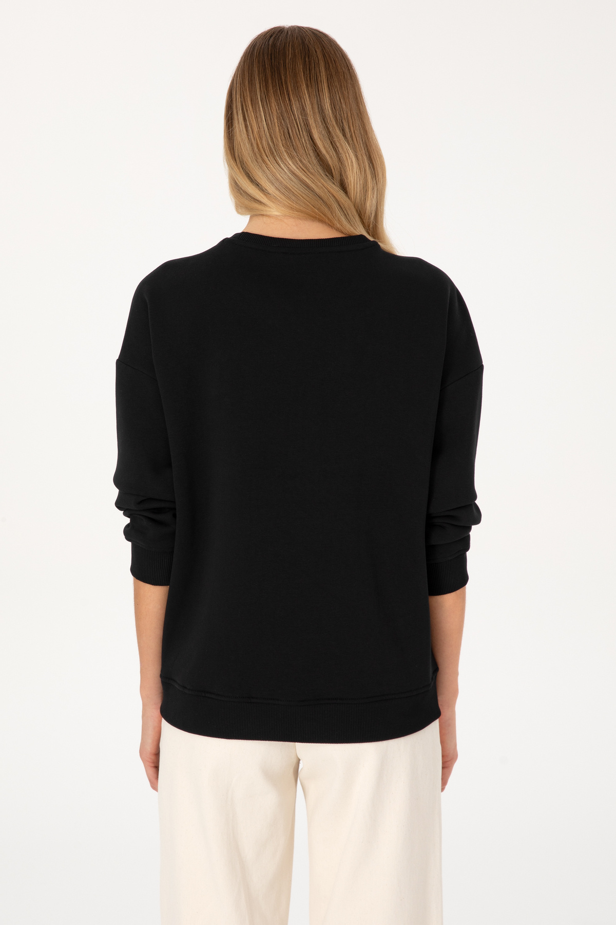 U.S. Polo Assn.  Kadın Siyah Şardonlu Bisiklet Yaka Basic Sweatshırt 50313586-VR046 - Görsel 5