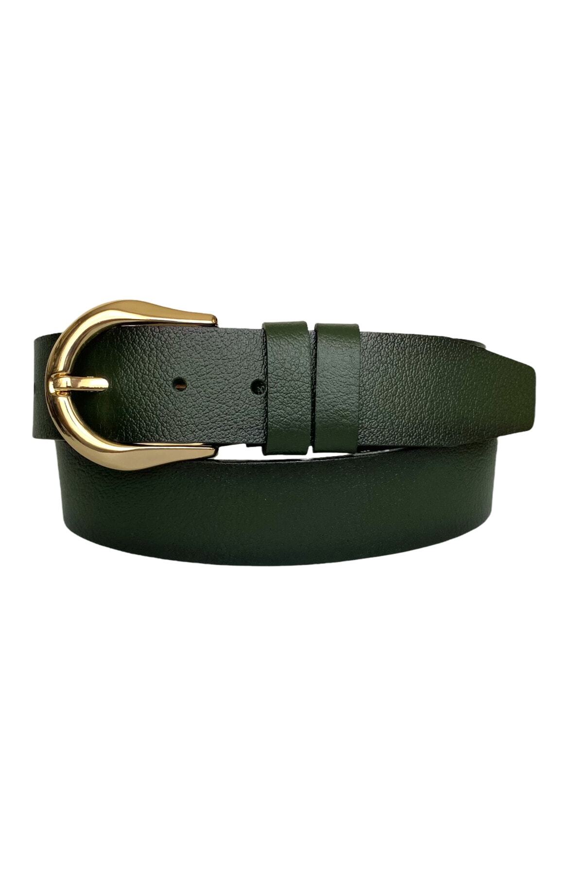 100% Genuine Leather, Green Women's Jeans Belt with Gold Buckle 4 Cm= an-byn-70