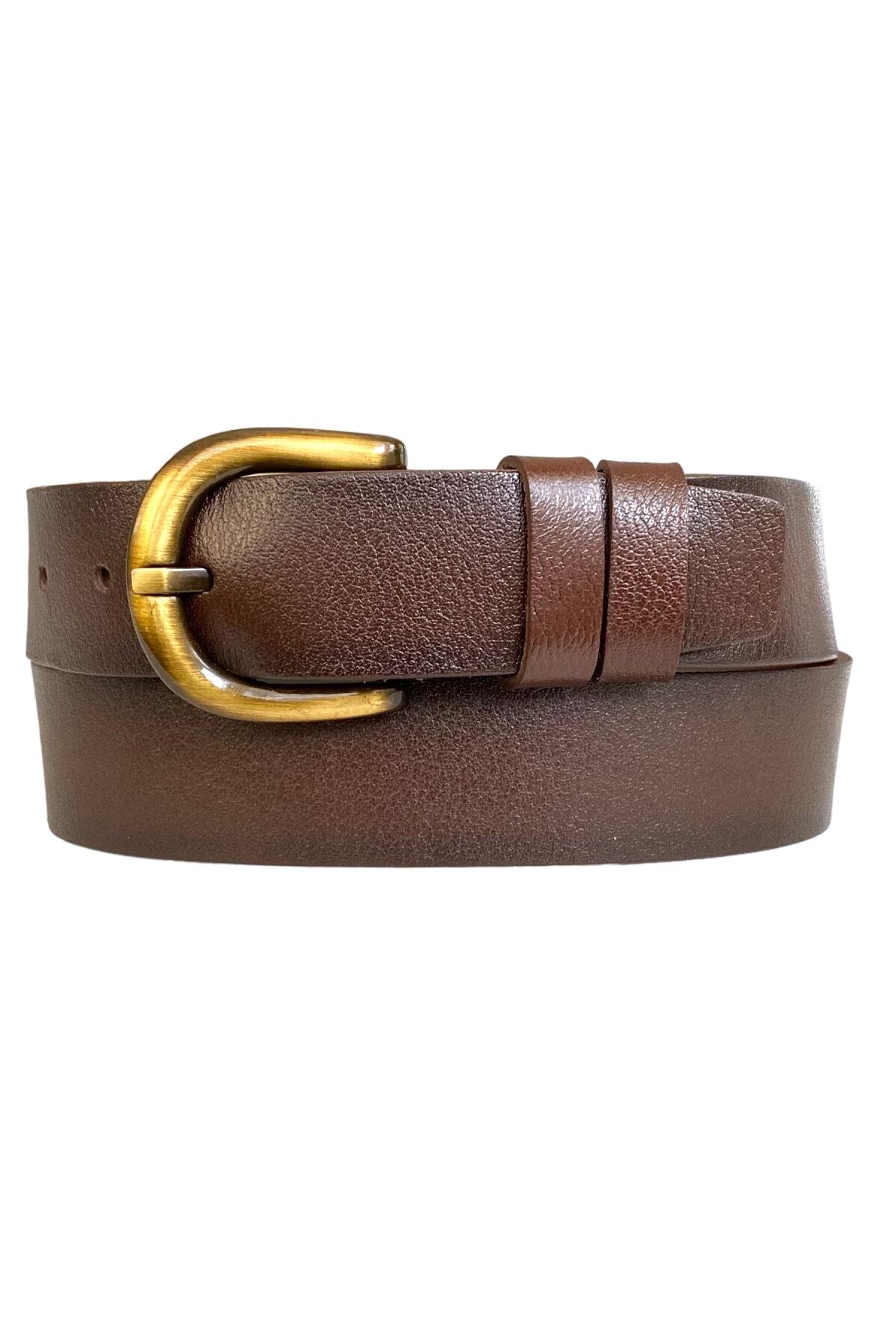 100% Genuine Leather, Legendary Gold Brushed Buckle, Dark Brown Women's Jeans Belt 4 Cm=26- with gold zip