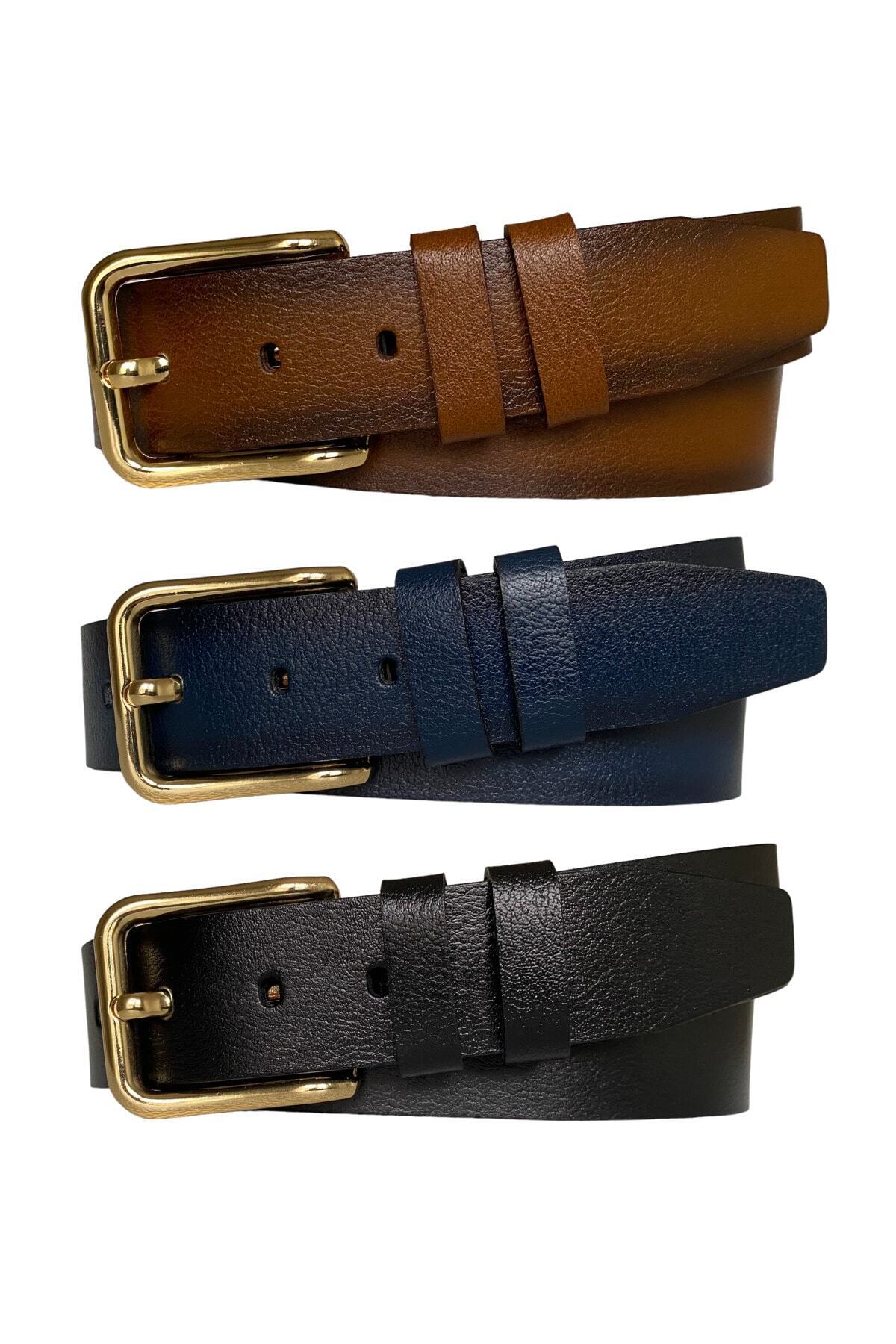 100% Genuine Leather 3-Piece Set 4 Cm One-Piece Women's Jeans Belt Black, Navy Blue, Tosado=rectangular