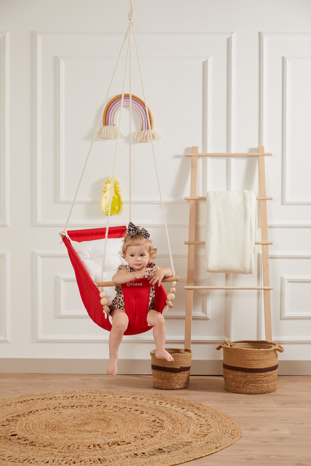 Svava Rüya Ahşap Bebek Hamak Salıncak - %100 Pamuk Ev Tipi Tavan Salıncağı (kırmızı) fotoğrafı 5 (önizleme)