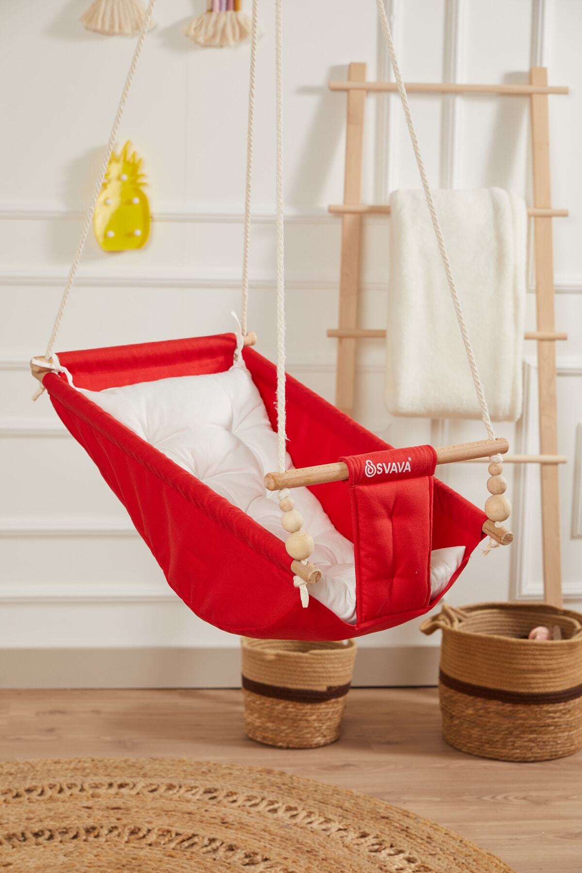 Svava Rüya Ahşap Bebek Hamak Salıncak - %100 Pamuk Ev Tipi Tavan Salıncağı (kırmızı) fotoğrafı 2 (önizleme)