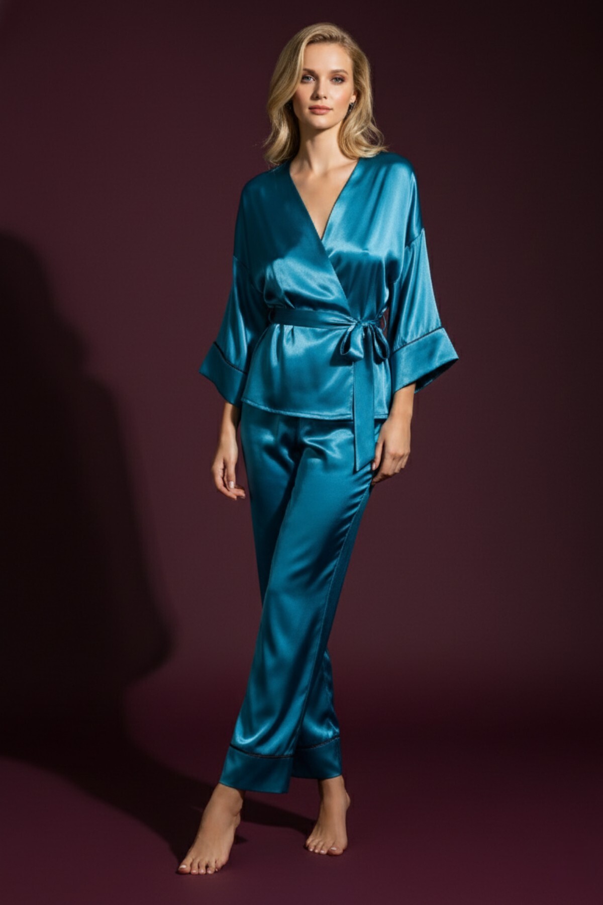Kadın Turkuaz Saten Kuşaklı Pijama Takımı Kimono Kol Detaylı Şık Ve Rahat 2’li Set