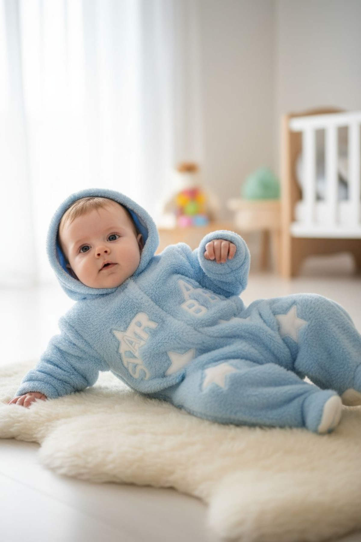 eomix kids bebek tulum kışlık welsoft kumaş nakış desenli şapkalı çıtçıtlı fotoğrafı 2 (önizleme)