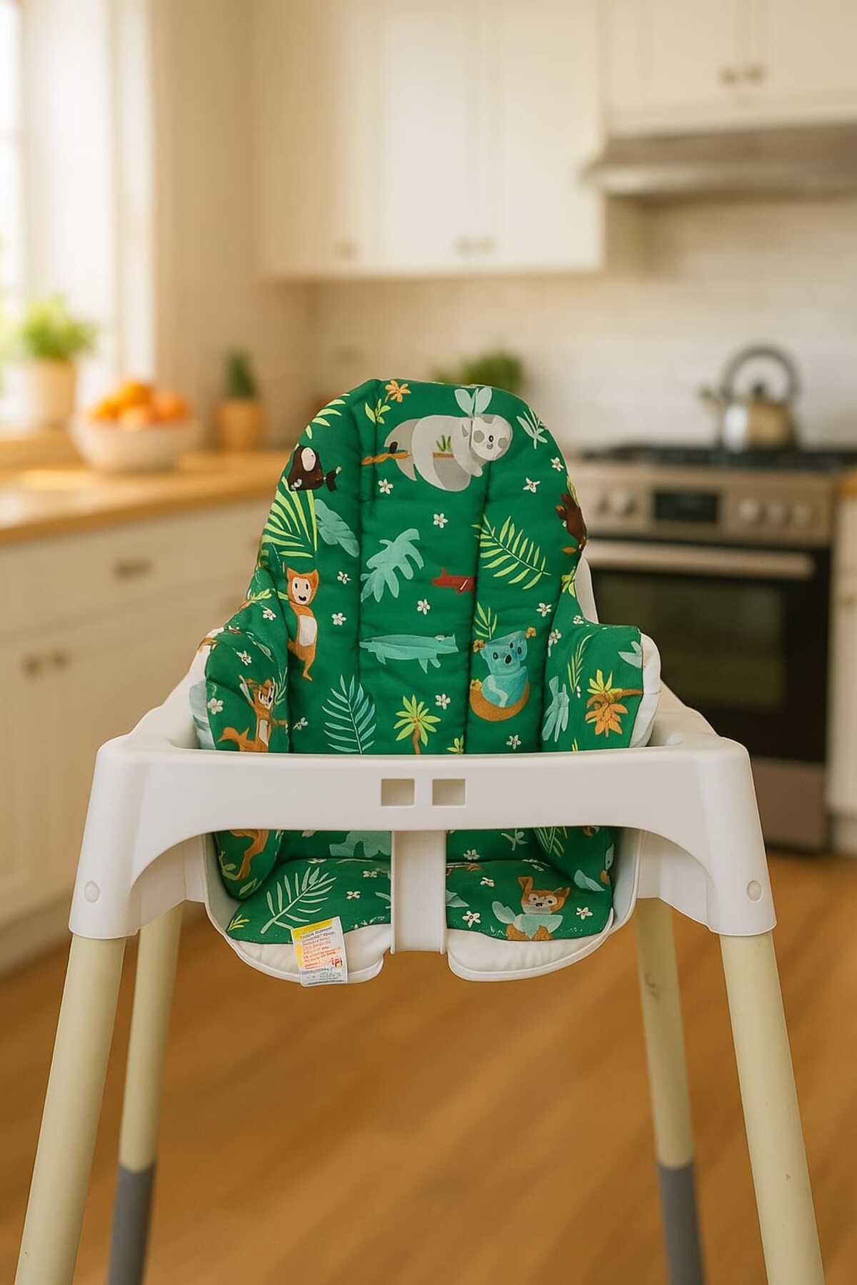 Bebek Özel %100 Pamuklu Bebek Çocuk Mama Sandalyesi Minderi Yeşil Orman Desenli Yıldızlı Antilop fotoğrafı 2 (önizleme)