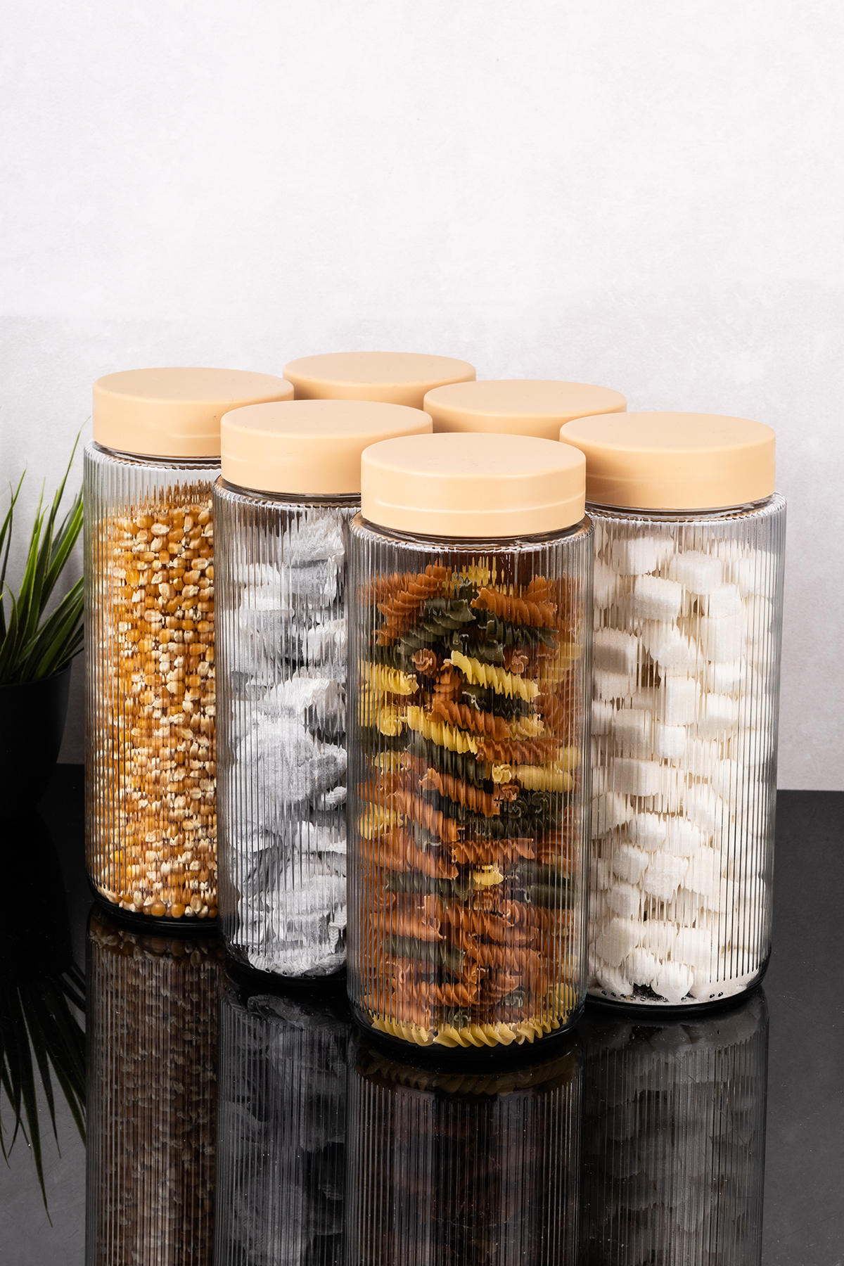 6-Piece Jumbo Size Glass Supply Jar Set Striped Jar Pulses Storage Container 1500 ml