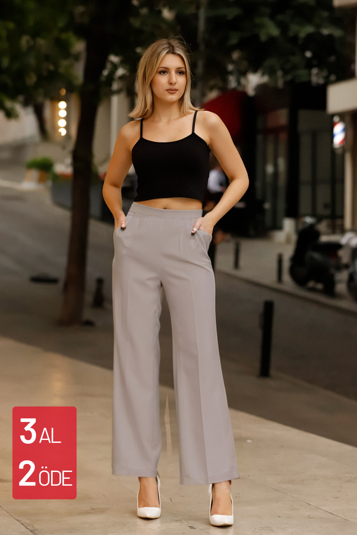 1002 Women's Woven High Waist Lycra Pants in Grey Palazzo