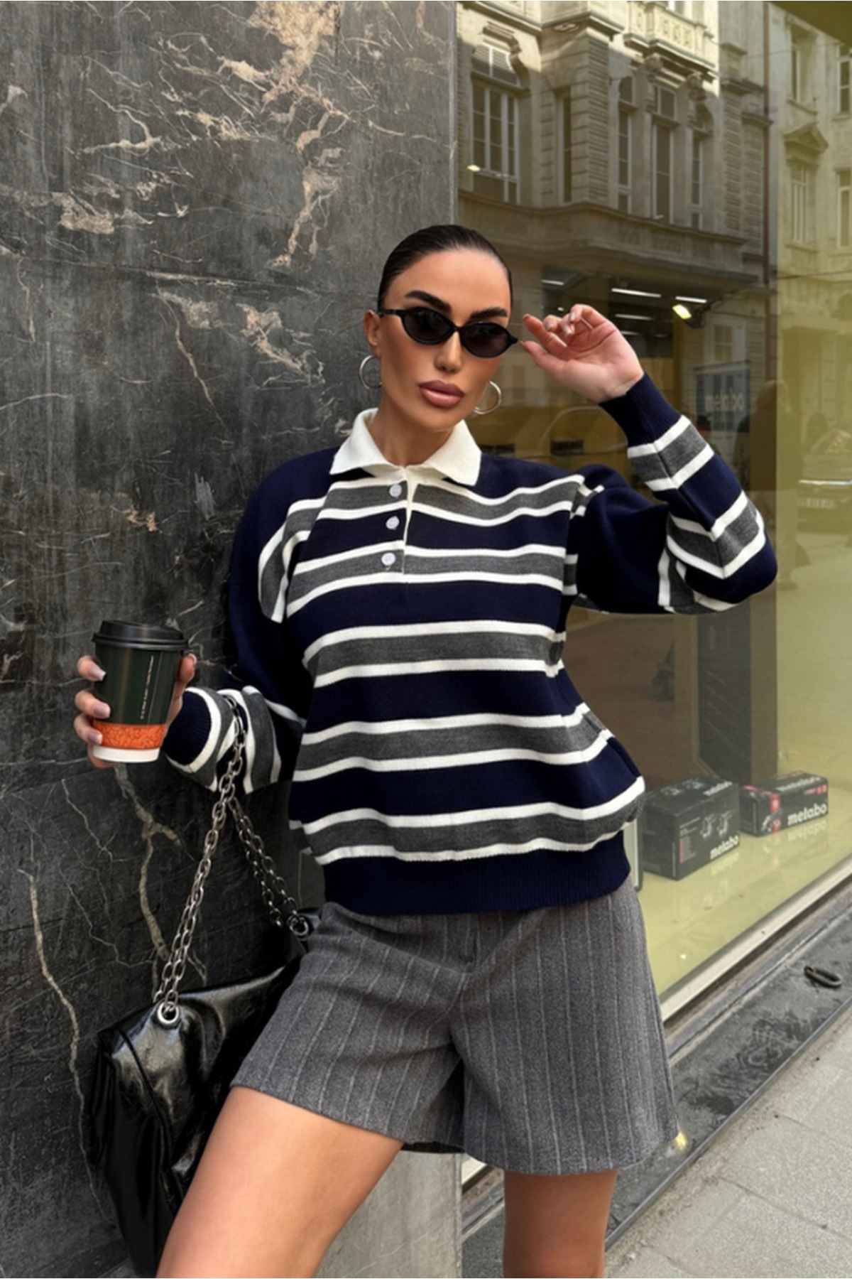 Fav Style  Kadın Polo Yaka Çizgili Oversize Triko Kazak Lacivert - Görsel 7