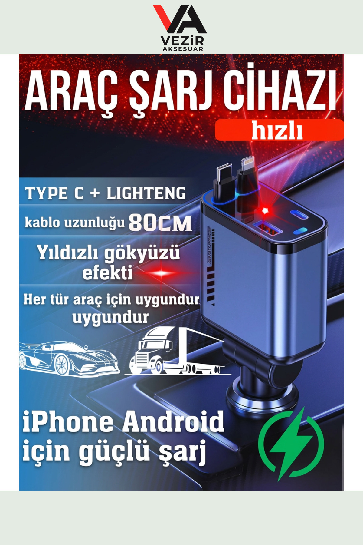 ACL RGB Yıldız Işıklı 4in1 Araç Şarj Aleti | 66W Süper Hızlı Şarj