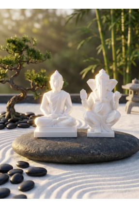 uAmor Modern Dekoratif 2'li Biblo Seti: Meditasyon Yapan Buda ve Ganesha - Be...