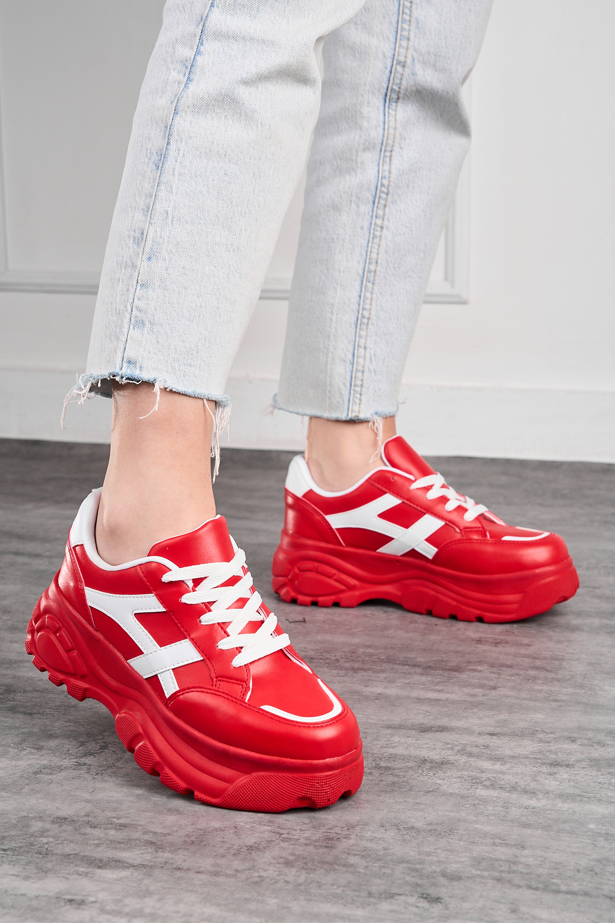 Casual Women's Red White Sneaker Thick High Sole Casual Tiger Striped Sports Shoes with Laces 032