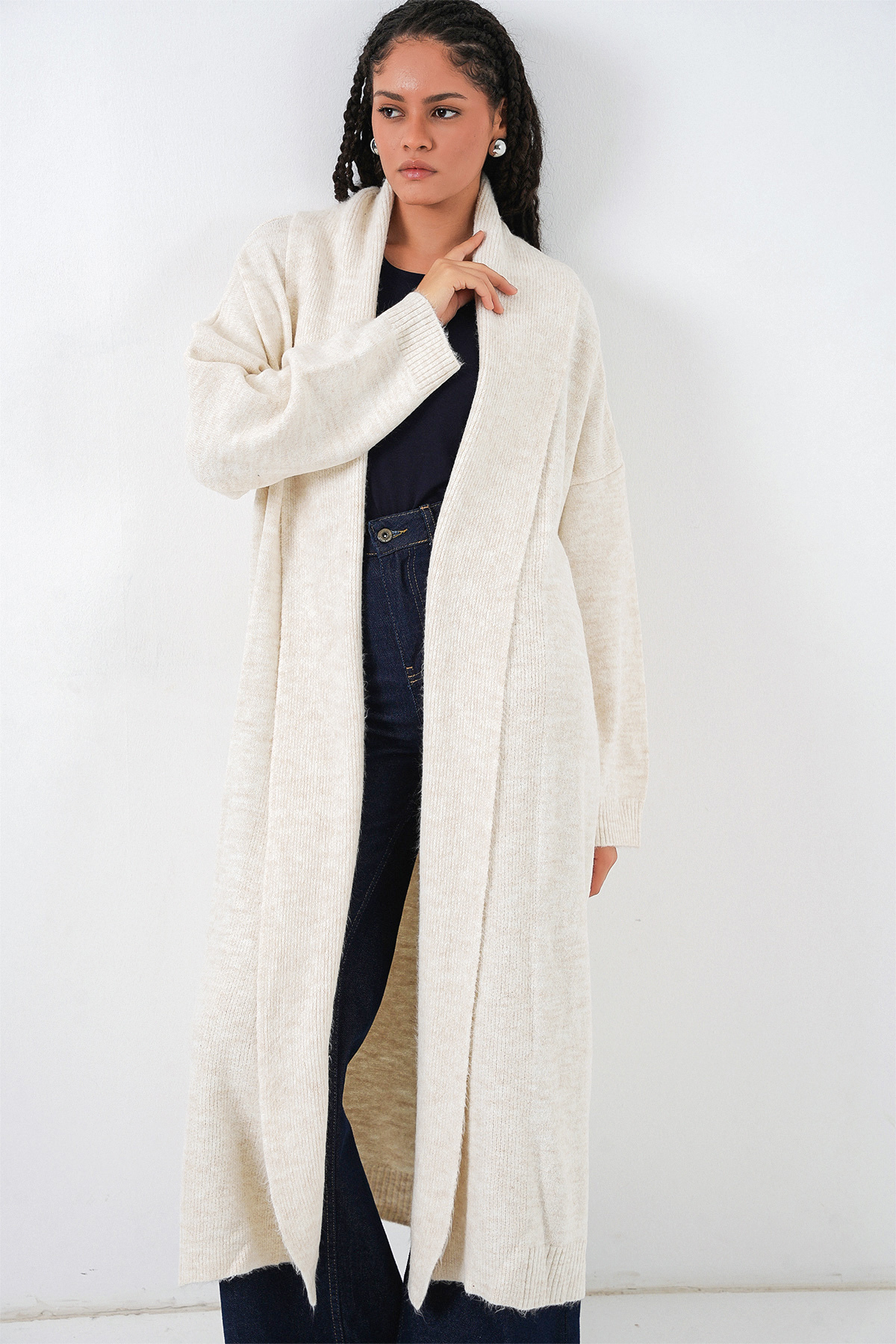 Bigdart  Kadın Uzun Oversize Triko Hırka 15924 - Ekru - Görsel 4