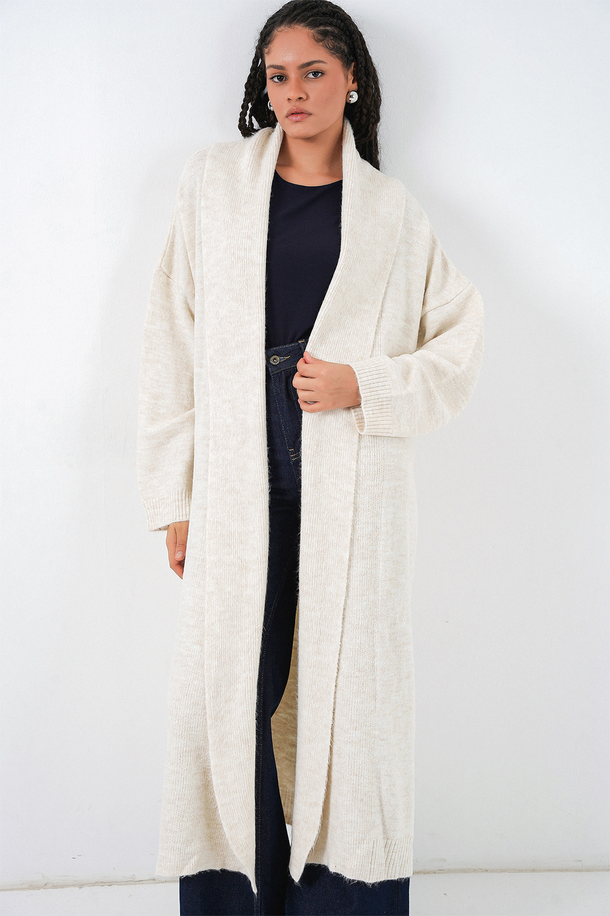 Bigdart  Kadın Uzun Oversize Triko Hırka 15924 - Ekru