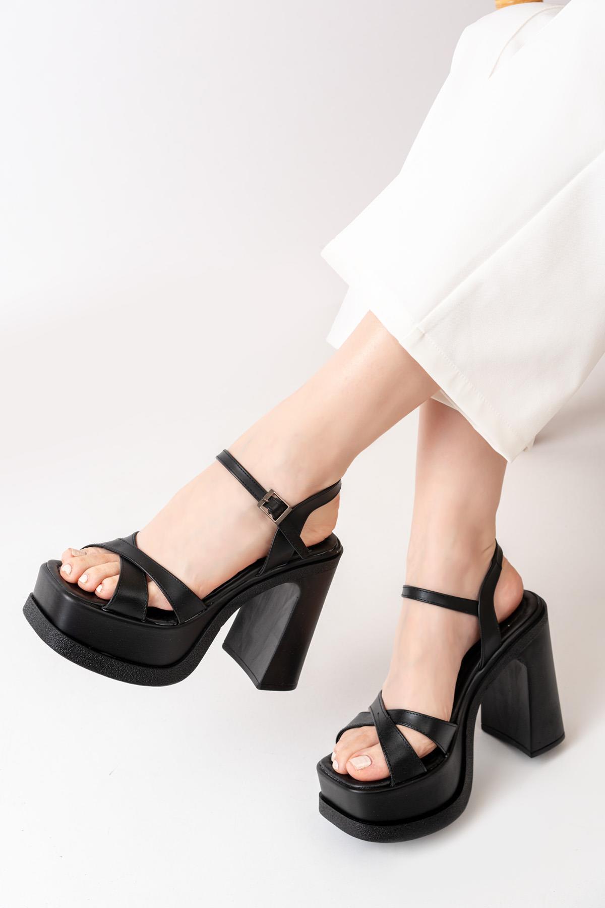 asmi shoes Kadın Çapraz Bantlı (12 cm) Platformlu Topuklu Ayakkabbı Siyah görsel 2