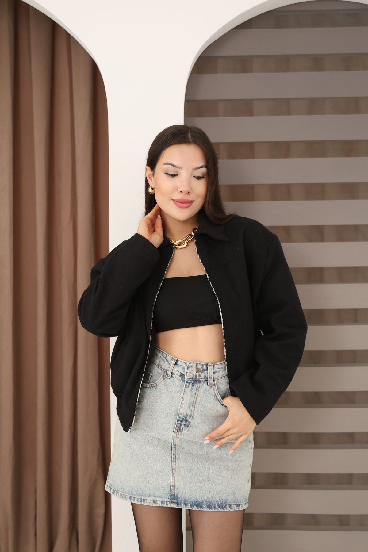 Etos  Kadın Ceket Trend Kaşe Bomber astarli siyah - Görsel 3