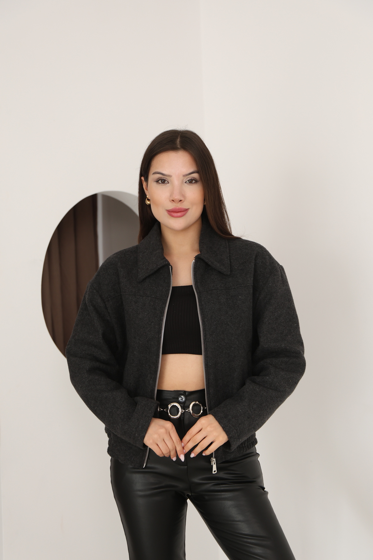 Etos  Kadın Ceket Trend Kaşe Bomber antrasit astarli - Görsel 5