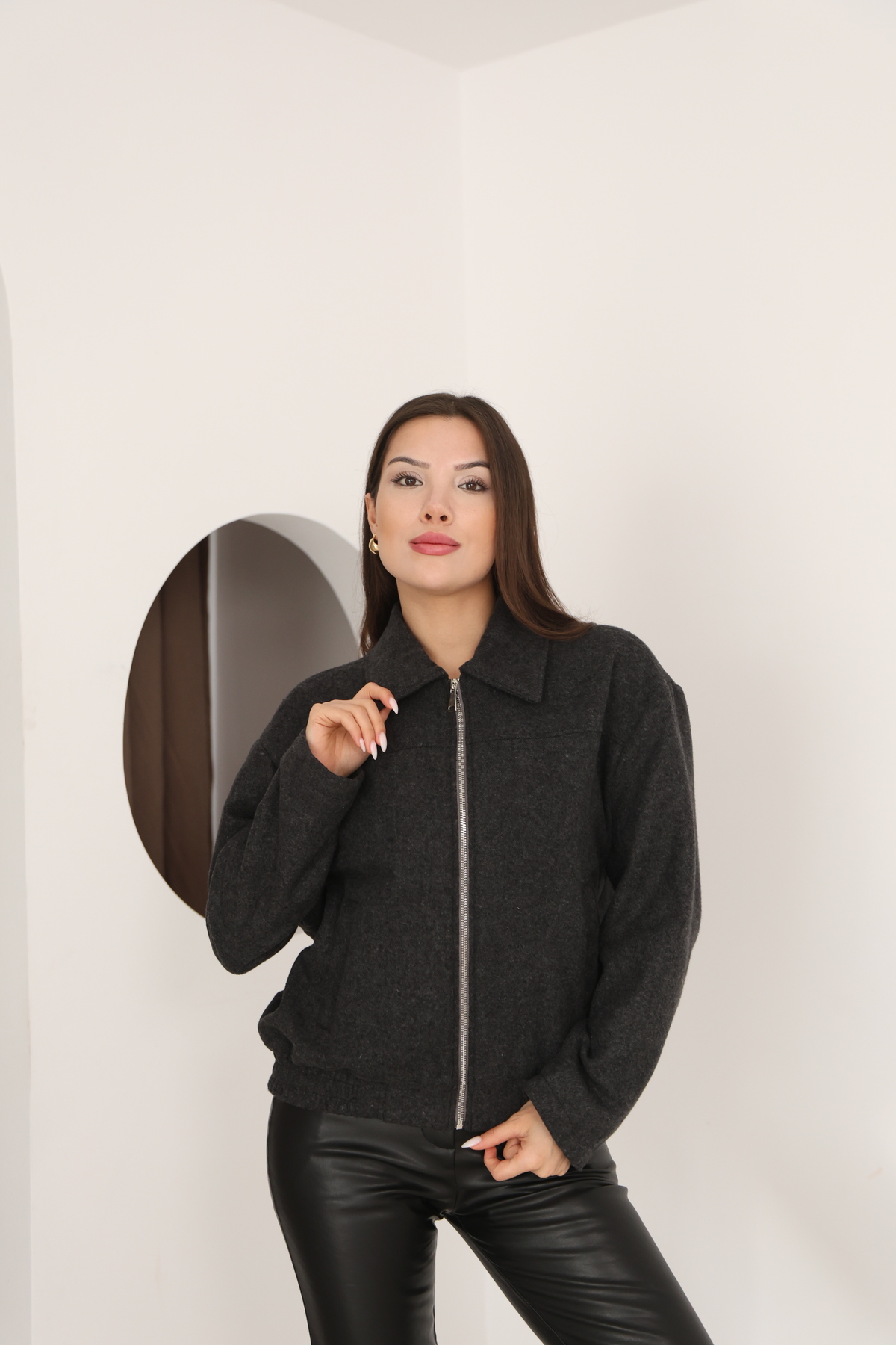 Etos  Kadın Ceket Trend Kaşe Bomber antrasit astarli - Görsel 4