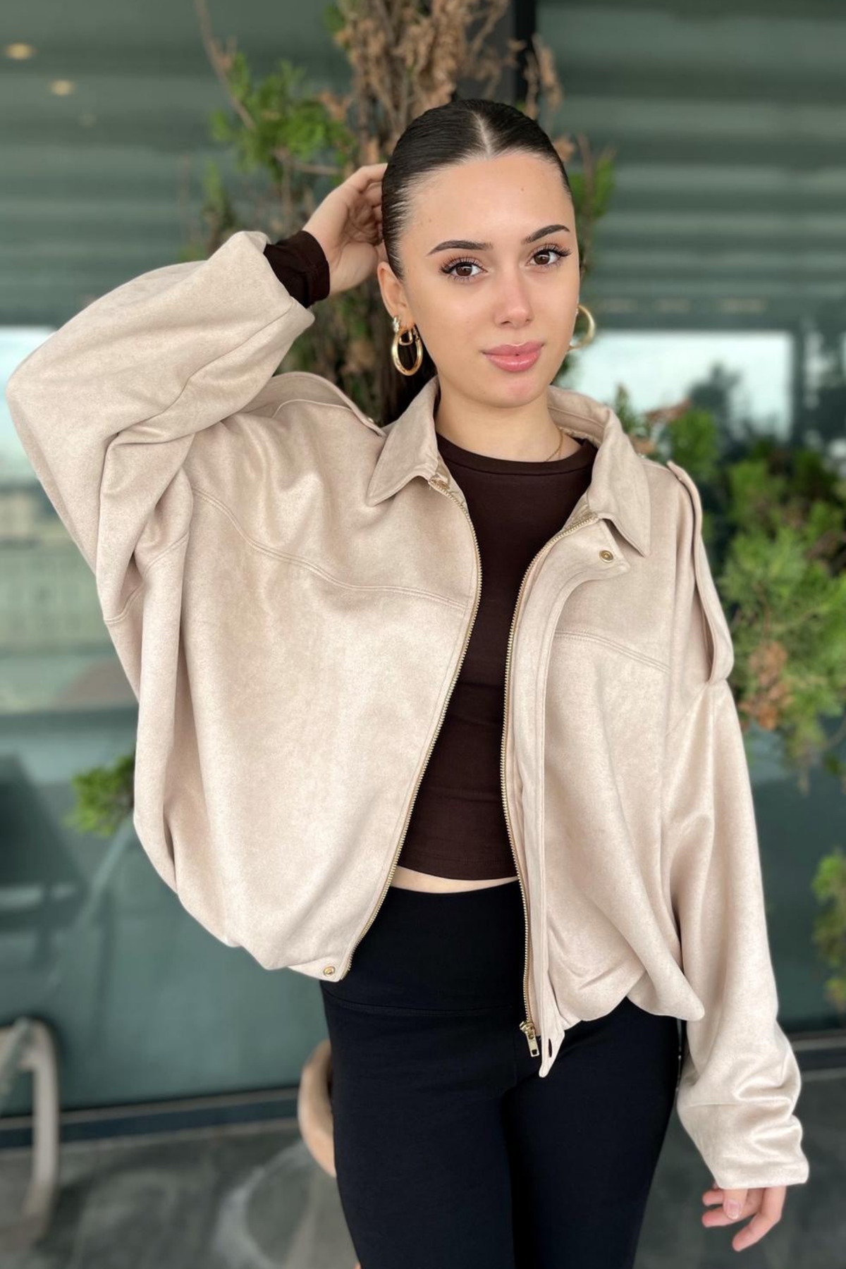 Rich  Kadın Bej Oversize Süet Bomber Ceket - Görsel 5