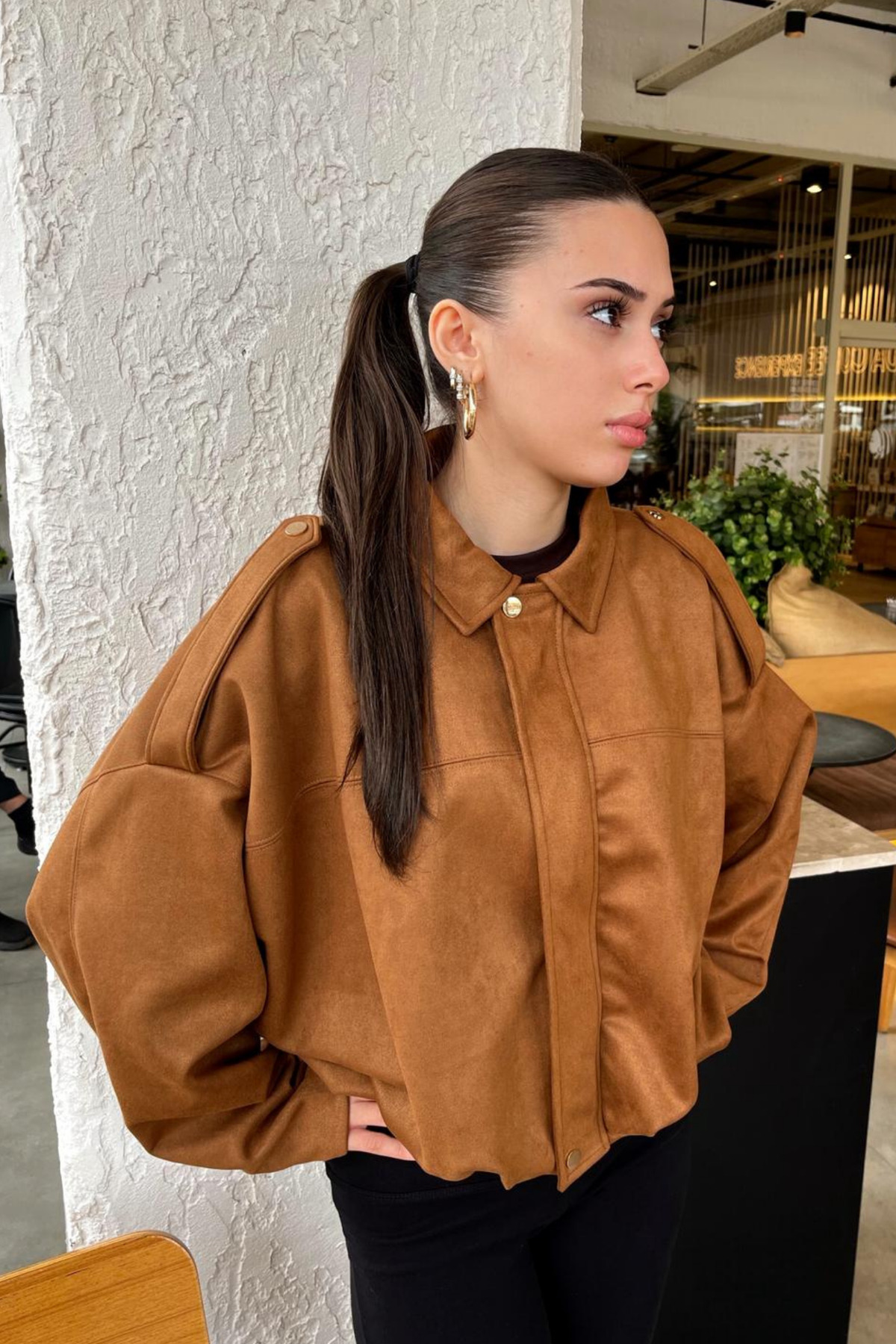 Rich Kadın Taba Oversize Süet Bomber Ceket görsel 5