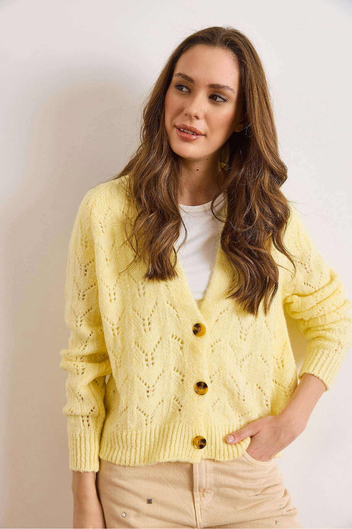 Olalook  Kadın Açık Sarı Ajurlu Yumuşak Dokulu Triko Hırka HRK-19000444 - Görsel 6