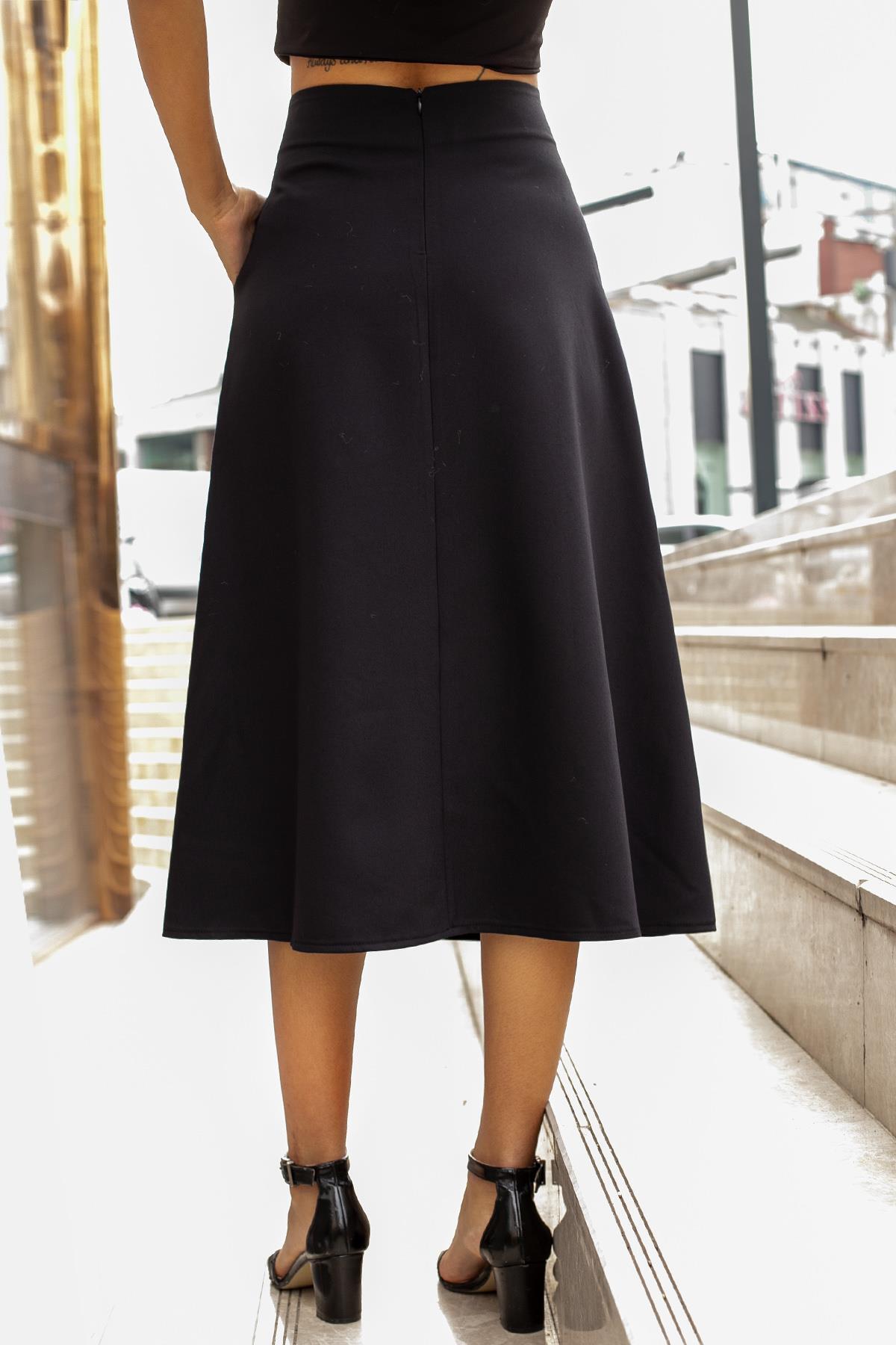 Jument  Kadın Yüksek Bel Cepli Şık Kumaş Midi Boy Diz Altı Kiloş Çan Etek-Siyah - Görsel 7