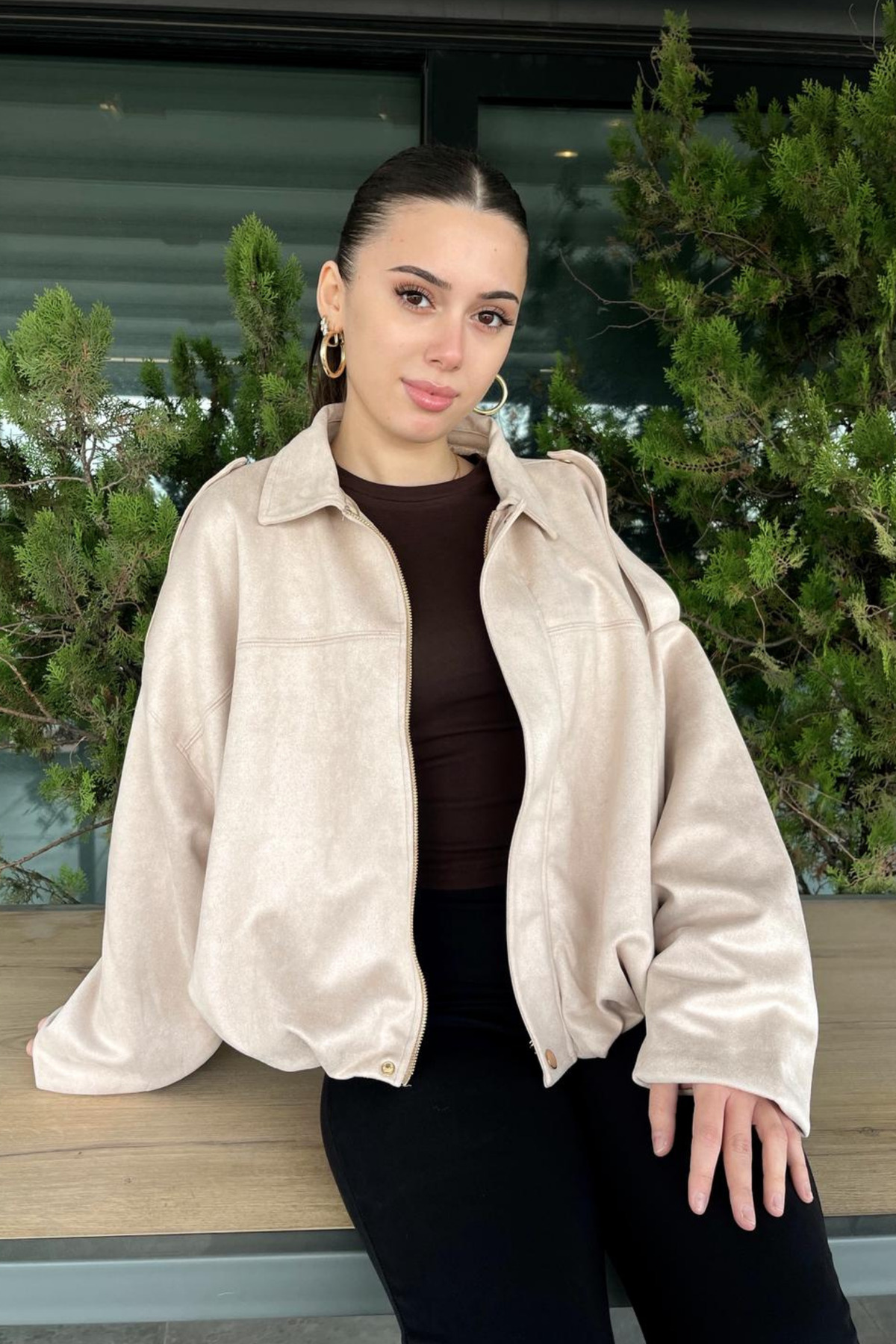 Rich  Kadın Bej Oversize Süet Bomber Ceket - Görsel 4