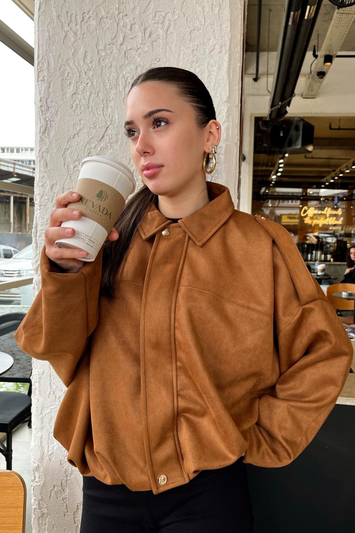Rich Kadın Taba Oversize Süet Bomber Ceket görsel 4