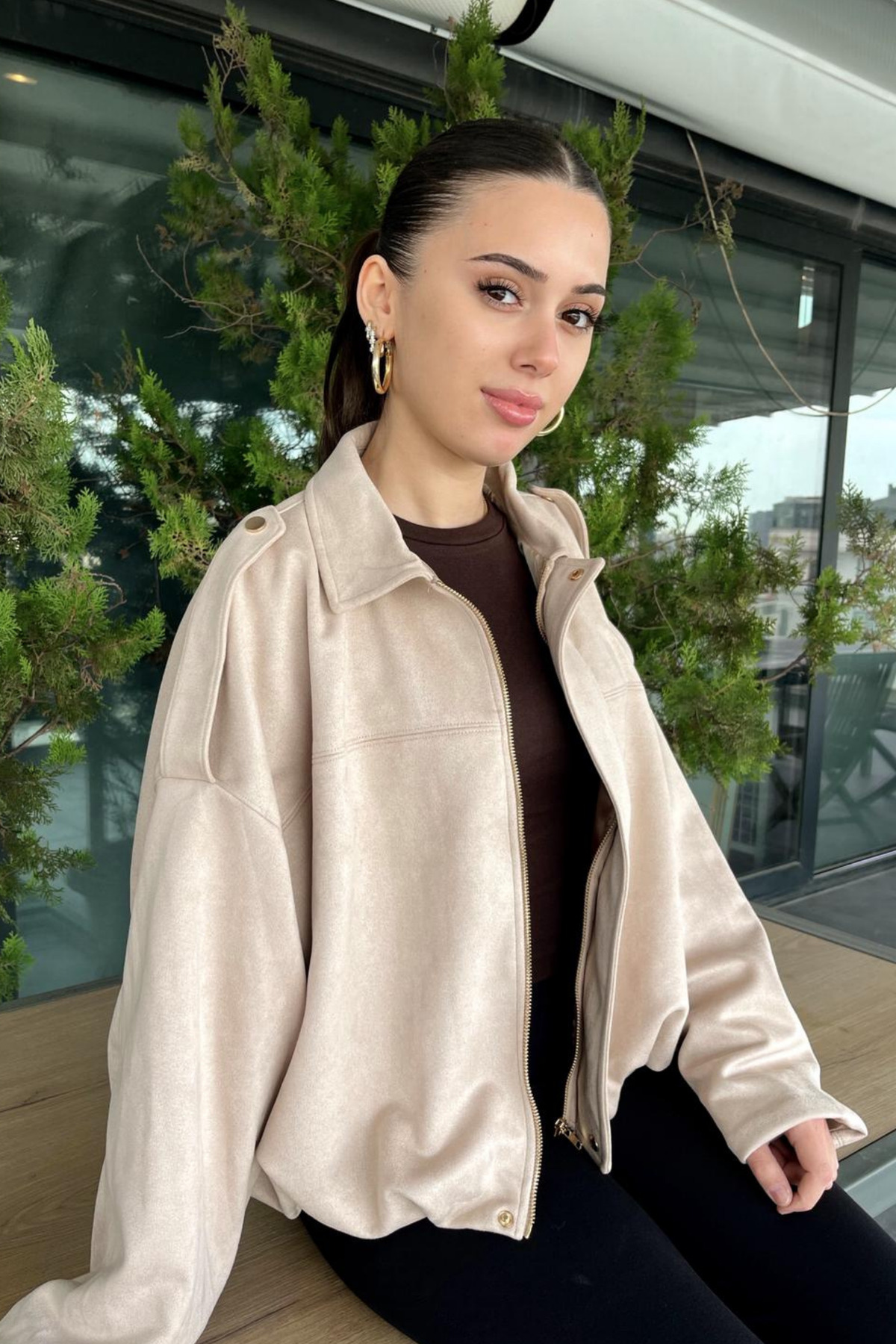 Rich  Kadın Bej Oversize Süet Bomber Ceket - Görsel 6