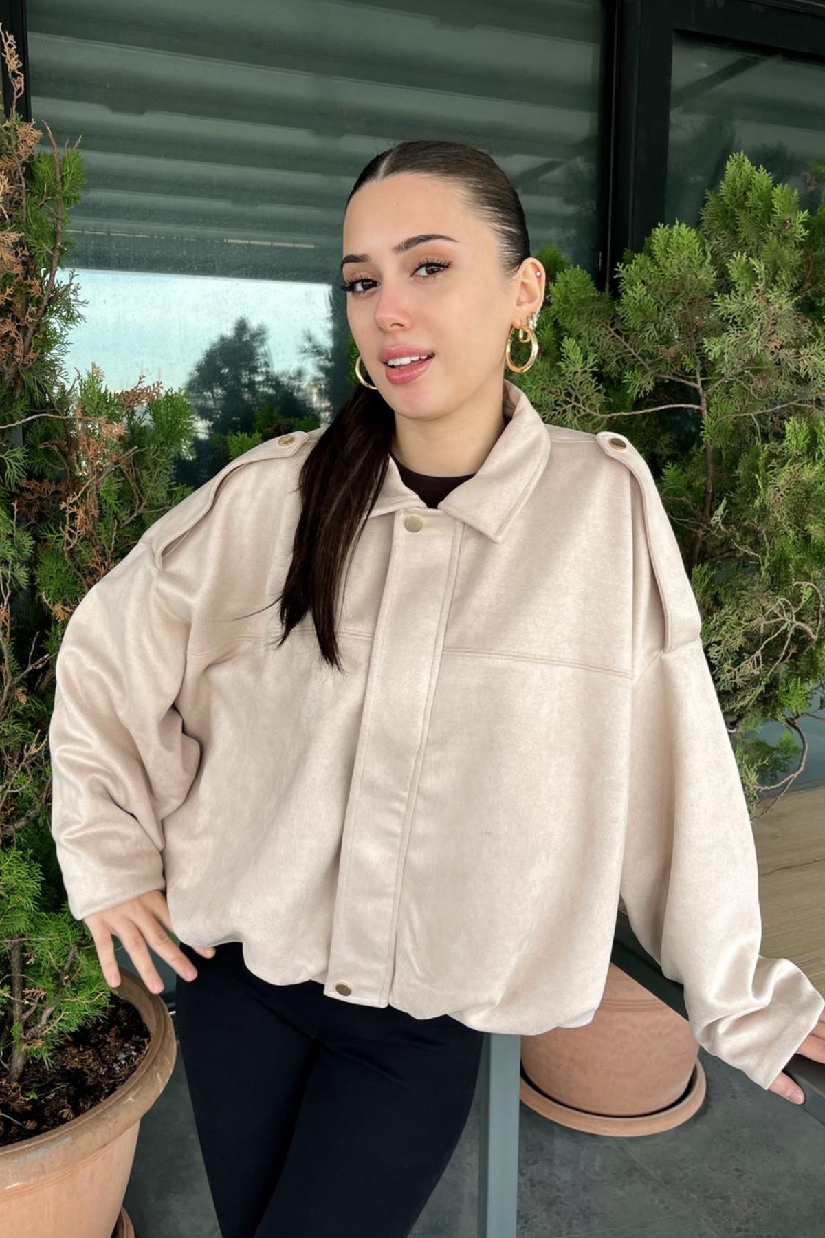 Rich  Kadın Bej Oversize Süet Bomber Ceket - Görsel 3