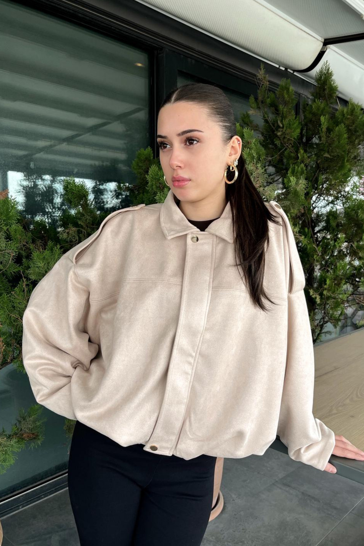 Rich  Kadın Bej Oversize Süet Bomber Ceket