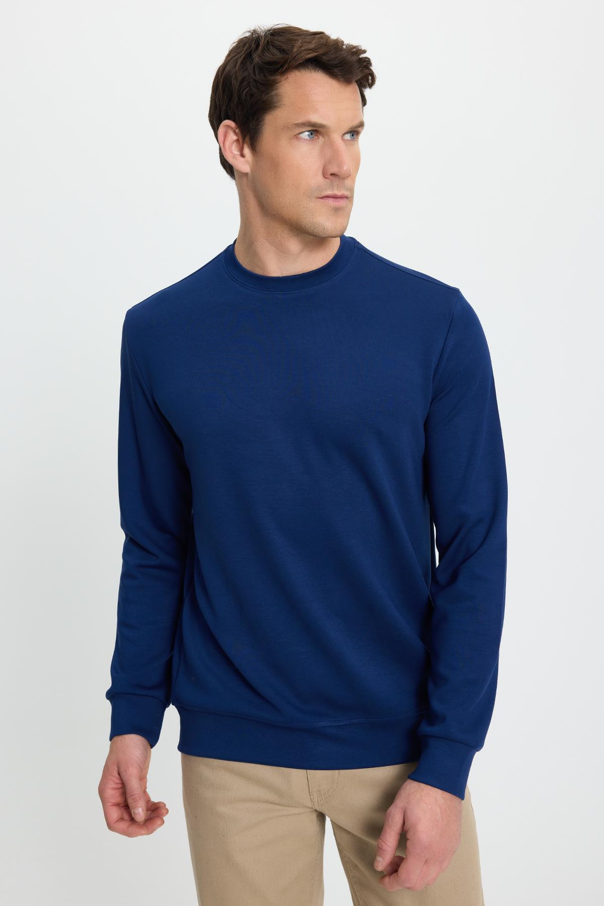 Tudors  Erkek Standart Fit Normal Kesim Uzun Kollu Ekstra Soft Modal Kumaş Bisiklet Yaka Açık Lacivert Sweat