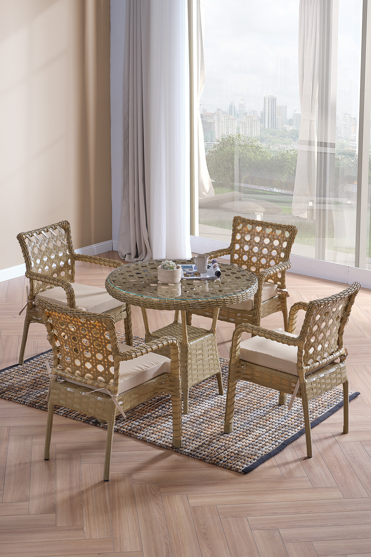 Frosty 4-Person Rattan Garden Balcony Kitchen Tableware Cappuccino