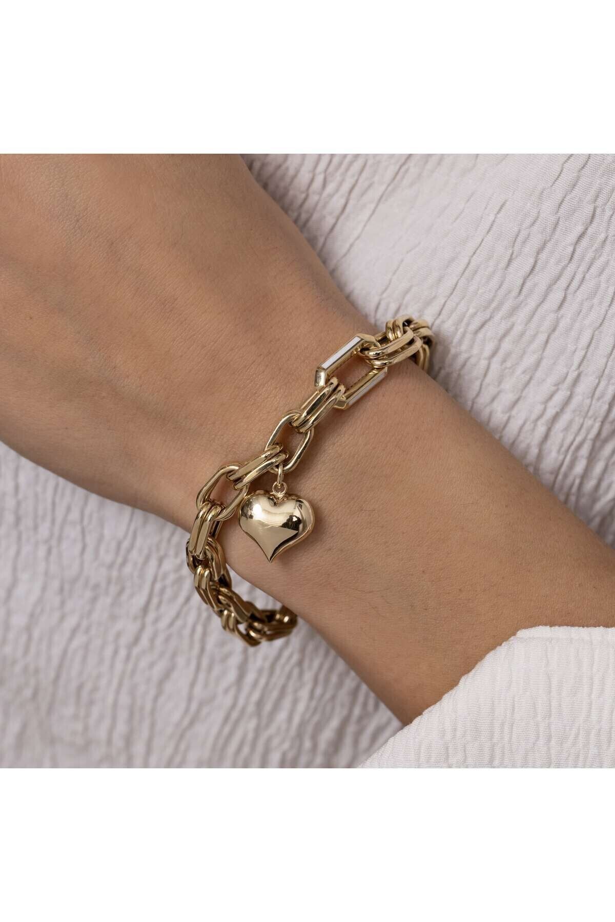 NİSERAJEWELLERY Kalp Charm Beyaz Mineli Altın Bileklik